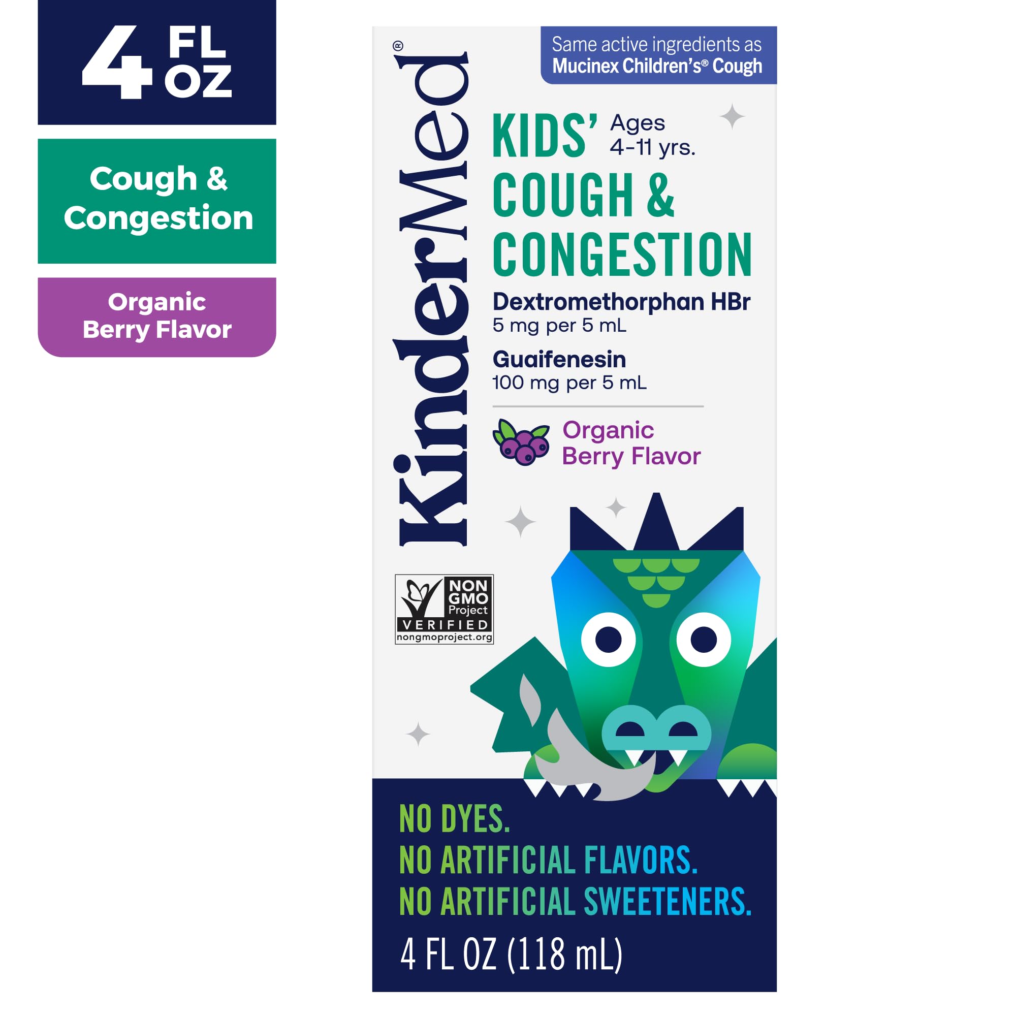 KinderMed Kids Daytime Cough & Congestion Medicine, for Ages 4-11 Years, No Dyes, No Artificial Flavors, No Artificial Sweetene