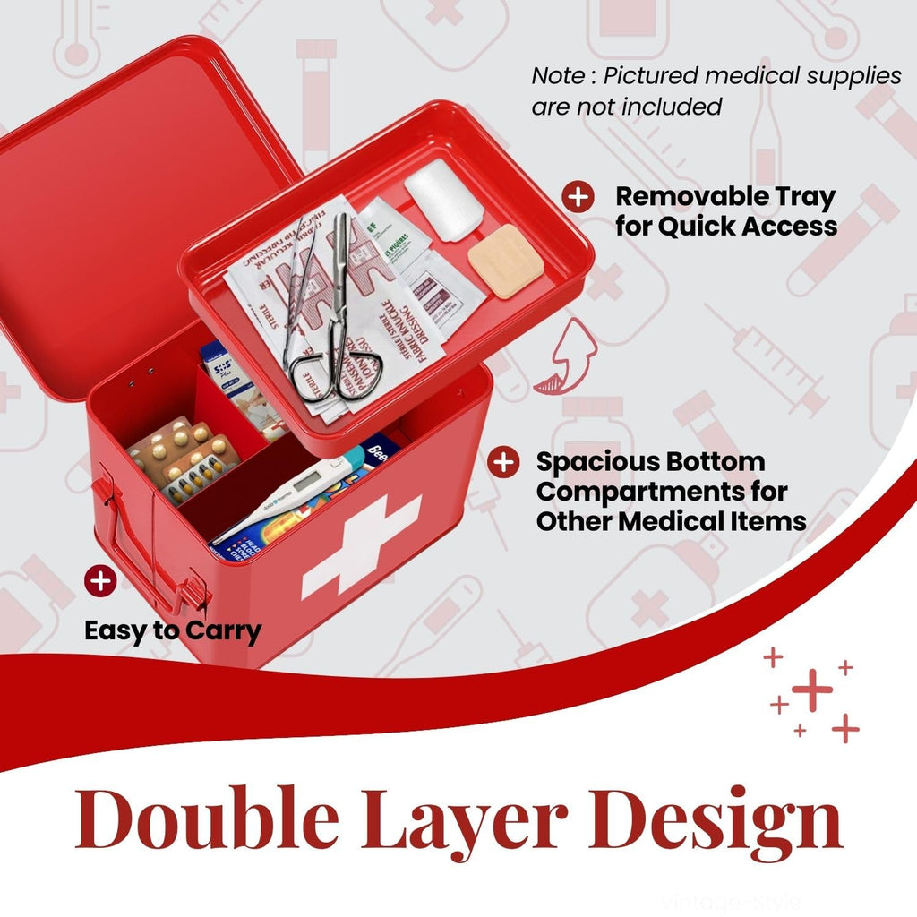 Flexzion First Aid Box Organizer, Empty 8.5 Inch Red Vintage First Aid Kit Tin Metal Medical Box First Aid Storage Box Container