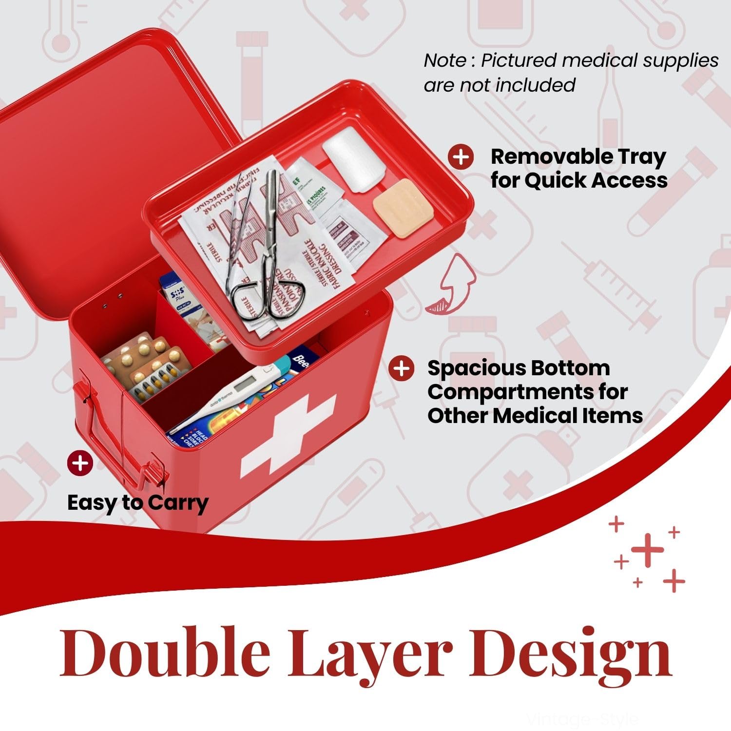 Flexzion First Aid Box Organizer, Empty 8.5 Inch Red Vintage First Aid Kit Tin Metal Medical Box First Aid Storage Box Container