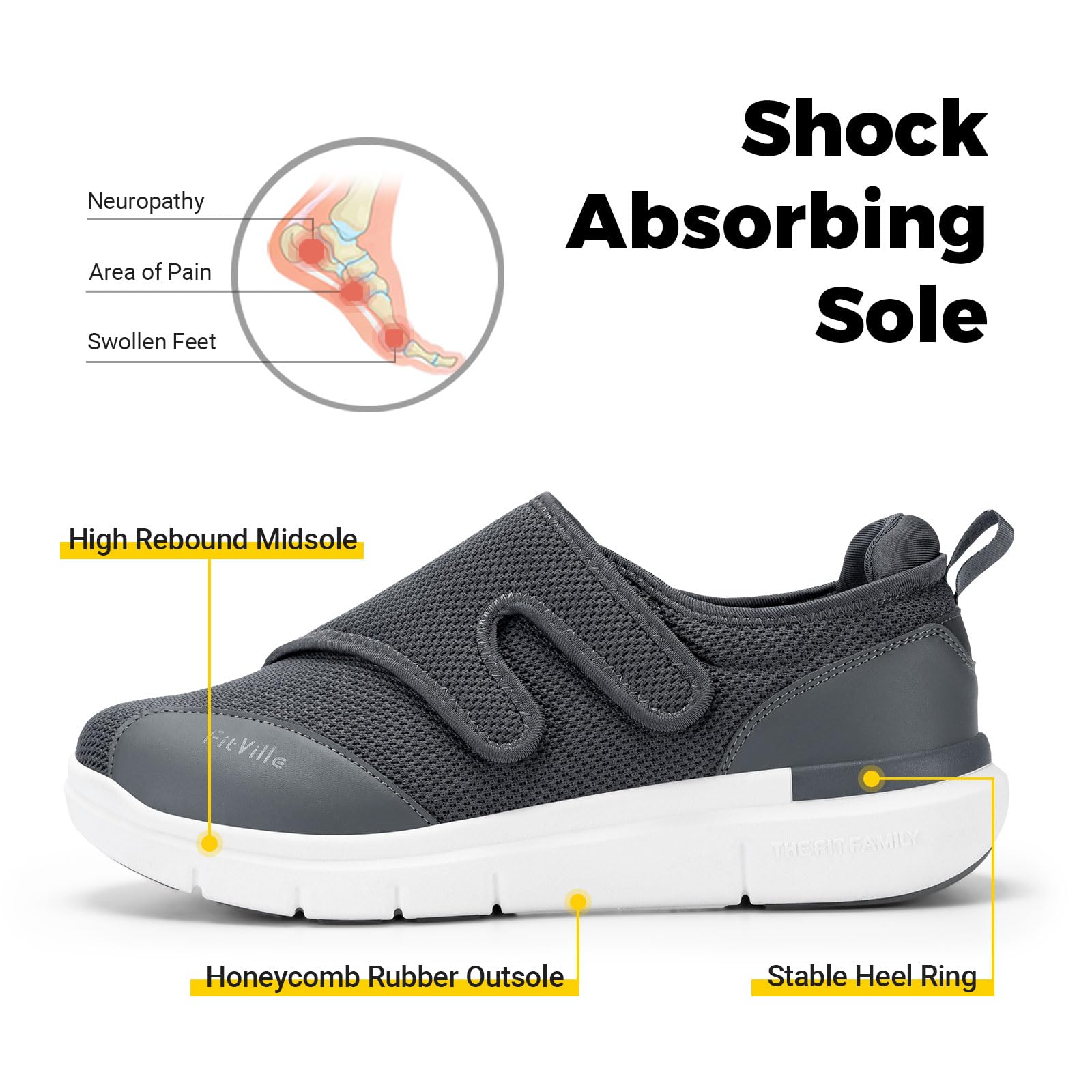 FitVille Diabetic Shoes for Men Extra Wide Width Orthopedic Slip-on Shoes Adjustable Closure Walking Sneakers with Arch Support