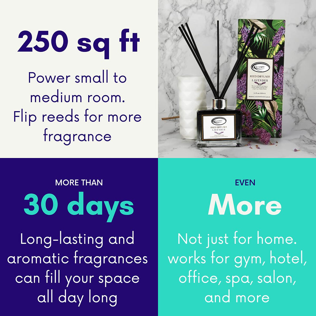 Air Jungles Lavender Scent Reed Diffuser Set with Sticks, Essential Incense Oil Air Freshener for Bathroom, Office, Gym, and Bed