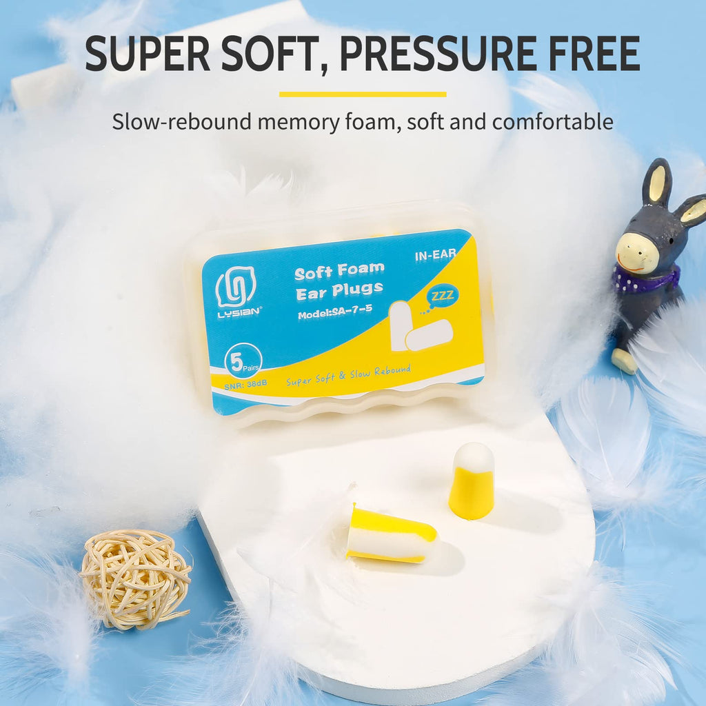 LYSIAN Ultra Soft Foam Earplugs Sleep 5 Pairs, 38dB Noise Reduction Ear Plugs for Sleeping, Snoring,Travel and Gun Shooting Rang