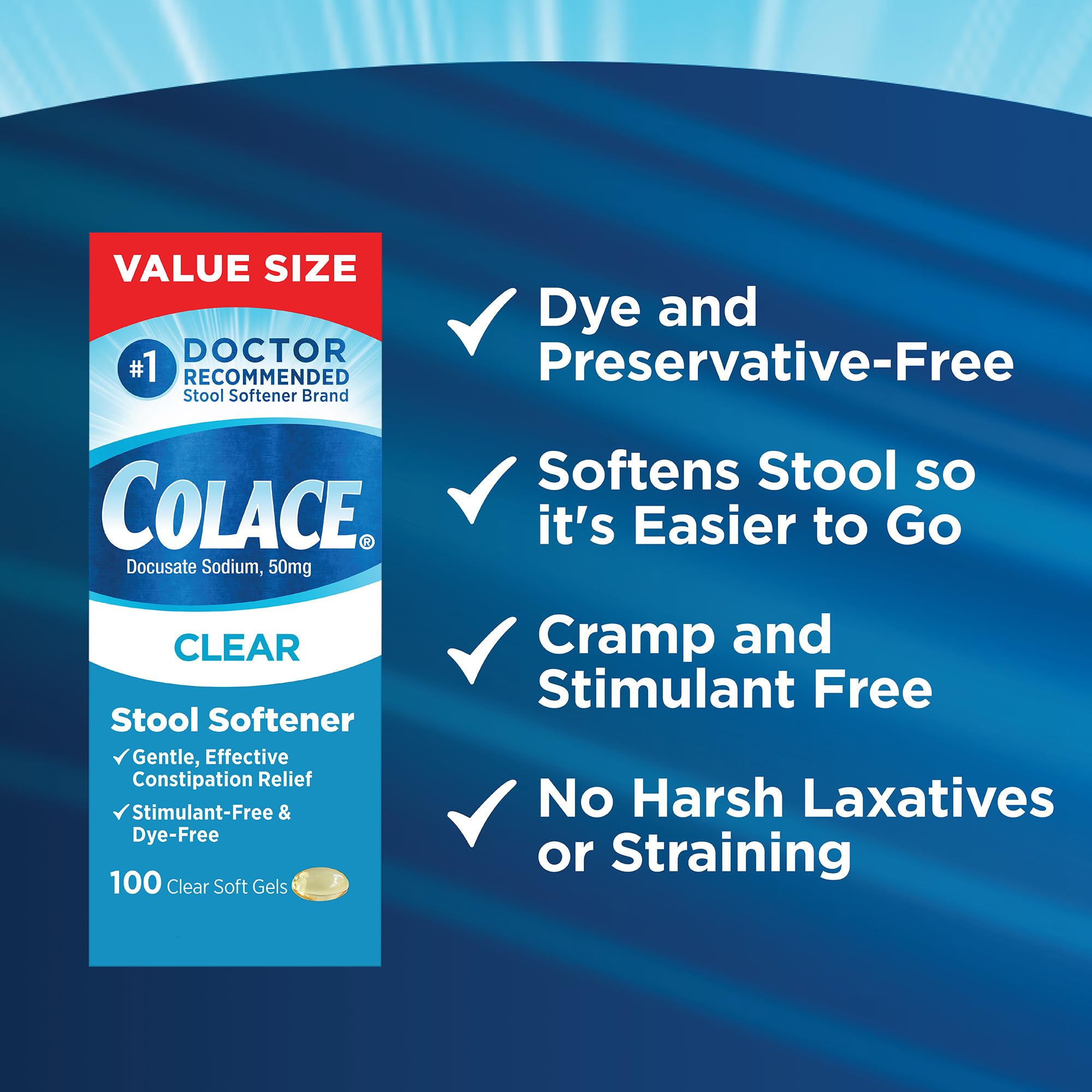 Colace Clear Stool Softener for Gentle Effective Constipation Relief, #1 Doctor Recommended Stool Softener Brand, Dye Free, 50 m
