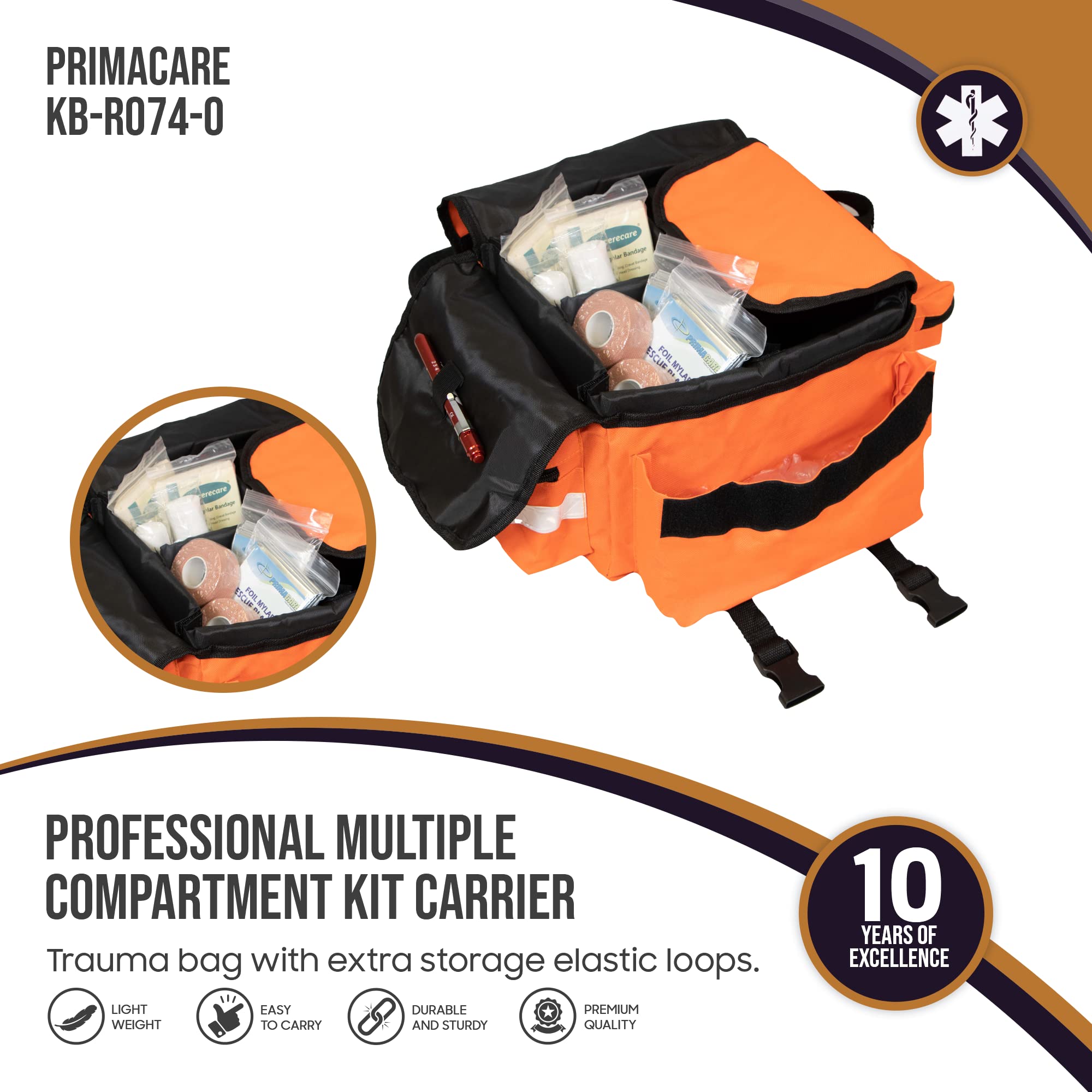 Primacare KB-RO74-O First Responder Bag for Trauma, 17x7x 9 Professional Multiple Compartment Kit Carrier for Emergency Medical