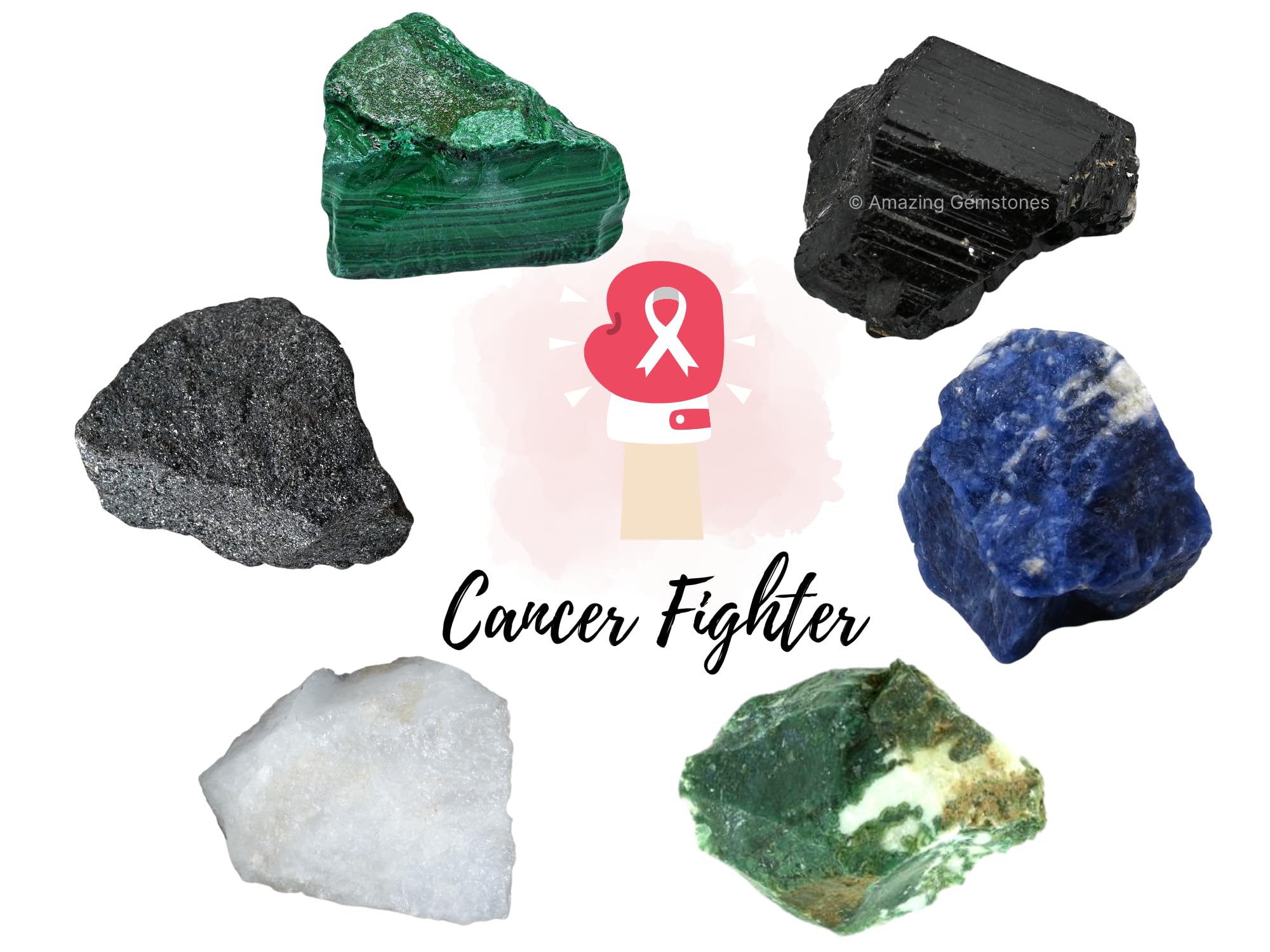 Healing Crystal for Breast Lung Prostate Cancer Fighter, Set of 6 Black Tourmaline, Malachite, Hematite, Sodalite, Moss Agate an