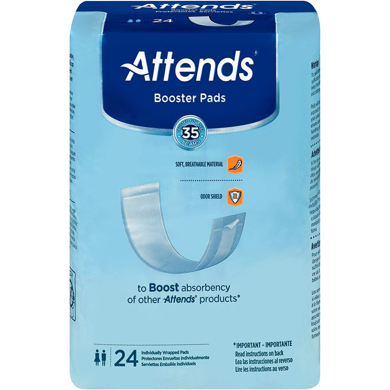 Attends Booster Pads for Adult Incontinence designed to boost absorbency of other Attends products, Unisex, one size, 3.5x11, 24