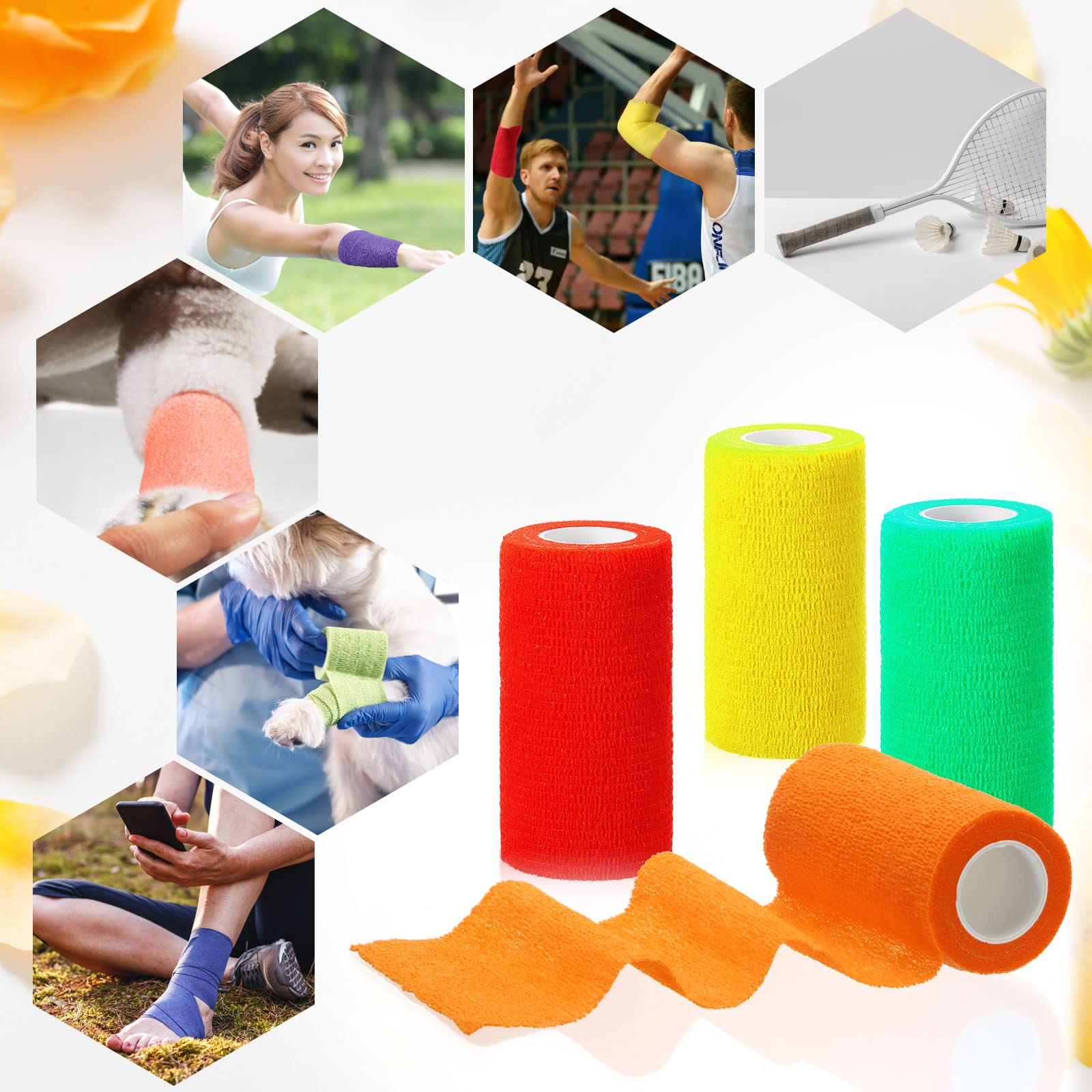 Newwiee 45 Rolls 4 Inch x 5 Yards Cohesive Bandage Tape Self Adhesive Bandage Elastic Stretch Athletic Tape Bulk Vet Wrap Non Wo