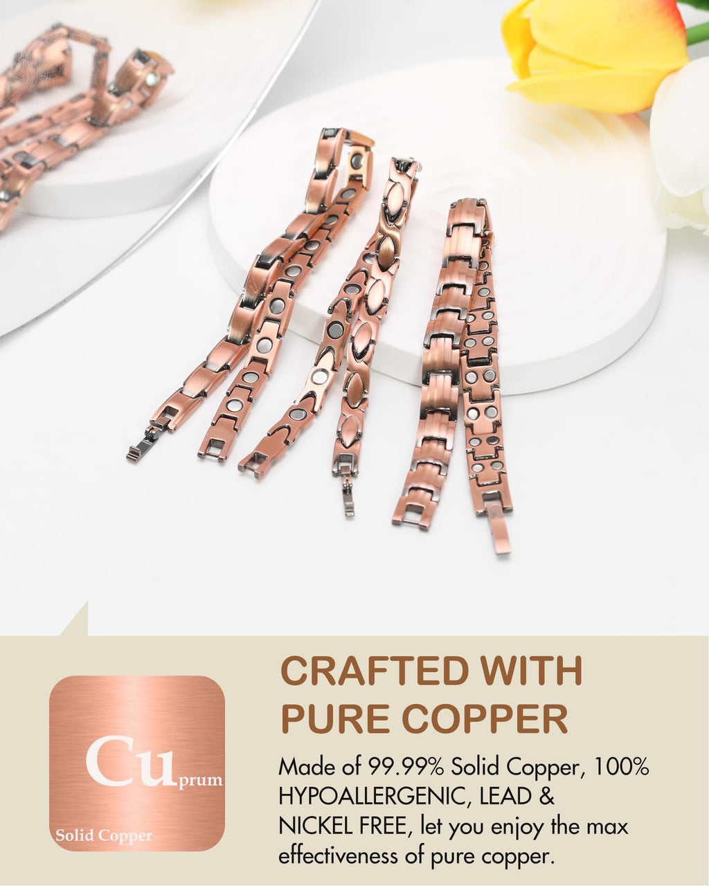 Feraco Copper Bracelets for Women, 2X Ultra Strength Magnetic Bracelet with 3500 Gauss Magnets, Adjustable with Sizing Tool, 99.