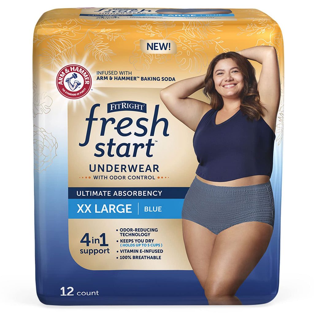 FitRight Fresh Start Incontinence and Postpartum Underwear for Women, XXL, Blue (12 Count) Ultimate Absorbency, Disposable Under