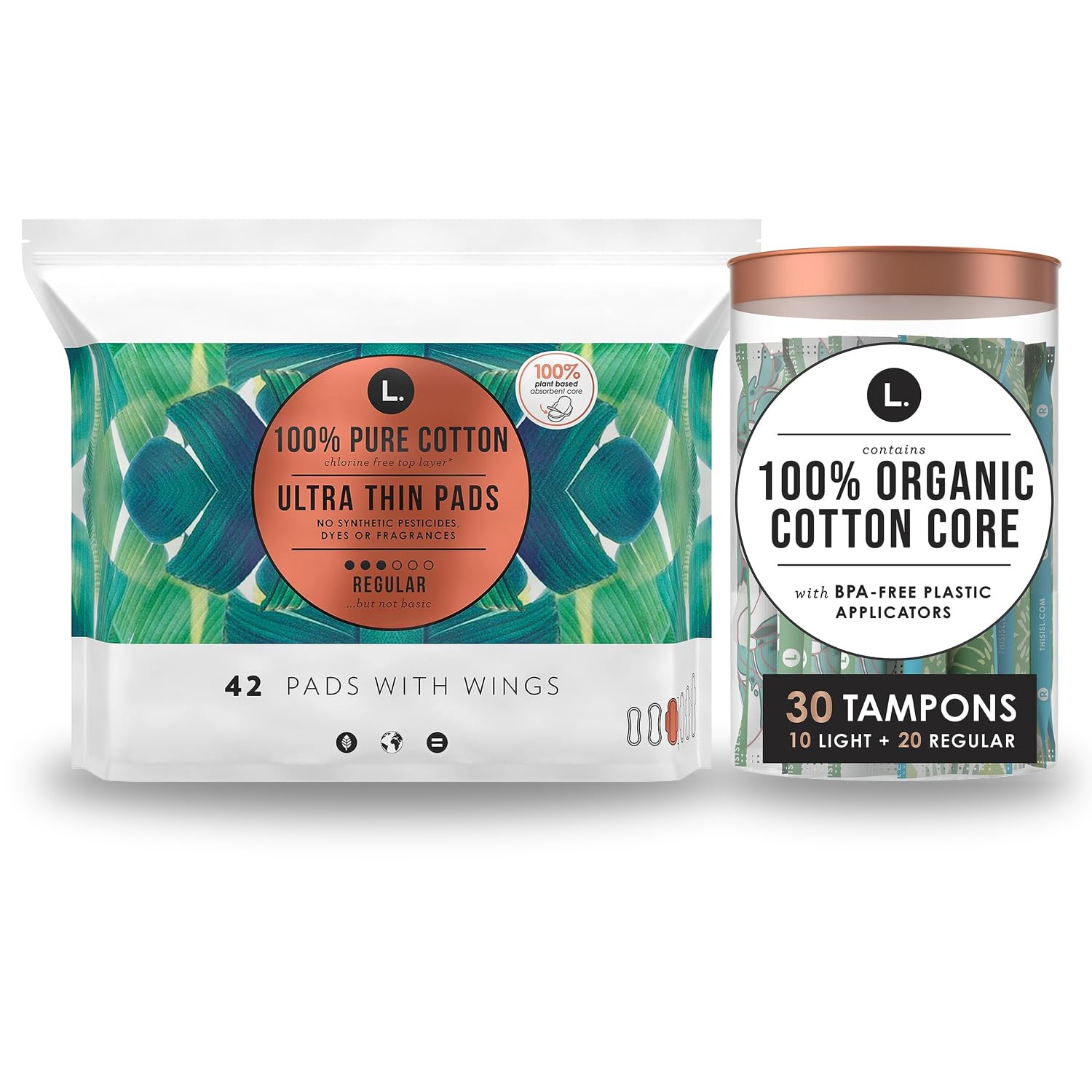L. Organic Cotton Tampons 10 Light & 20 Regular Absorbency Duo Pack + Pure Cotton, Ultra Thin Pads, Regular, Free from Chlorine 