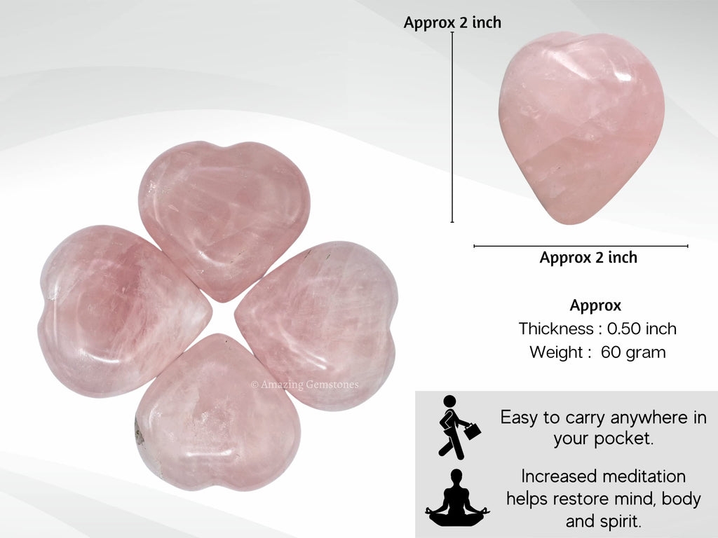 Rose Quartz Crystal Heart Palm Stone - Pocket Massage Worry Stone for Natural Body Chakra Balancing, Reiki Healing and Crystal G