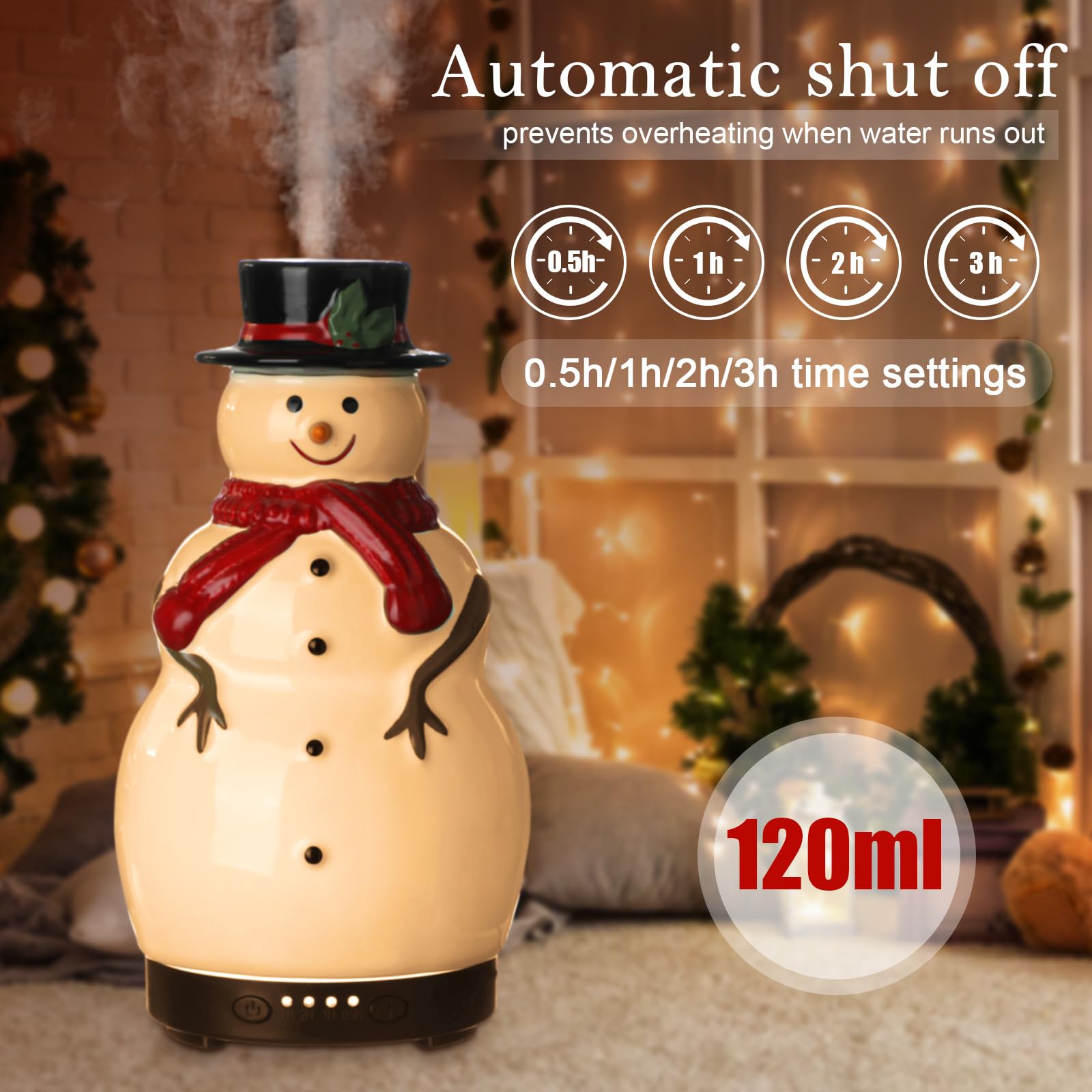 Rossesay Christmas Essential Oil Diffuser 120ml Ceramic Snowman Aromatherapy Humidifier, Holiday Diffuser Gift, Cute Tabletop Ch