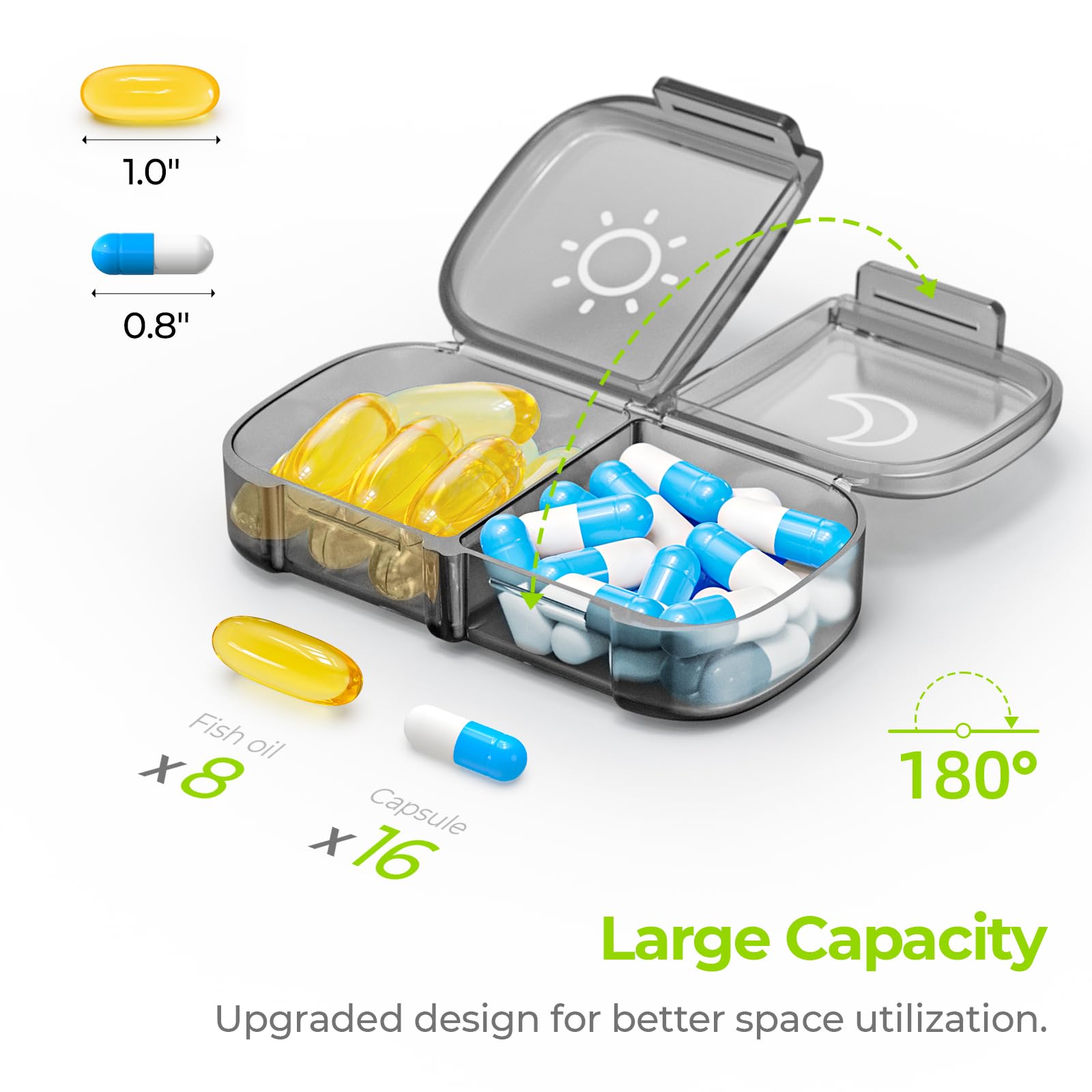 AUVON XL Weekly Pill Organizer 2 Times a Day, Pill Box 7 Day with One-Side Large Openings for Easy to Use, Gray AM PM Pill Case