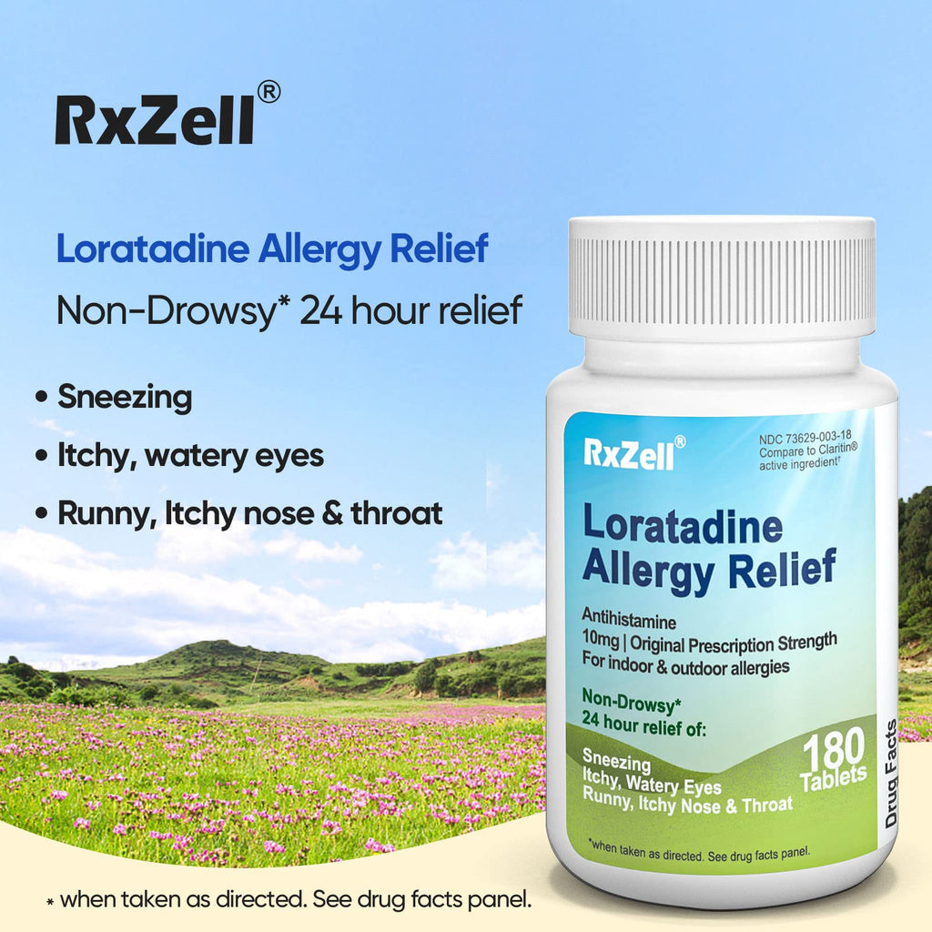 RXZELL Allergy Relief, Loratadine 10mg, 180 Tablets - 24 Hour Non-Drowsy Antihistamine Allergy Medicine
