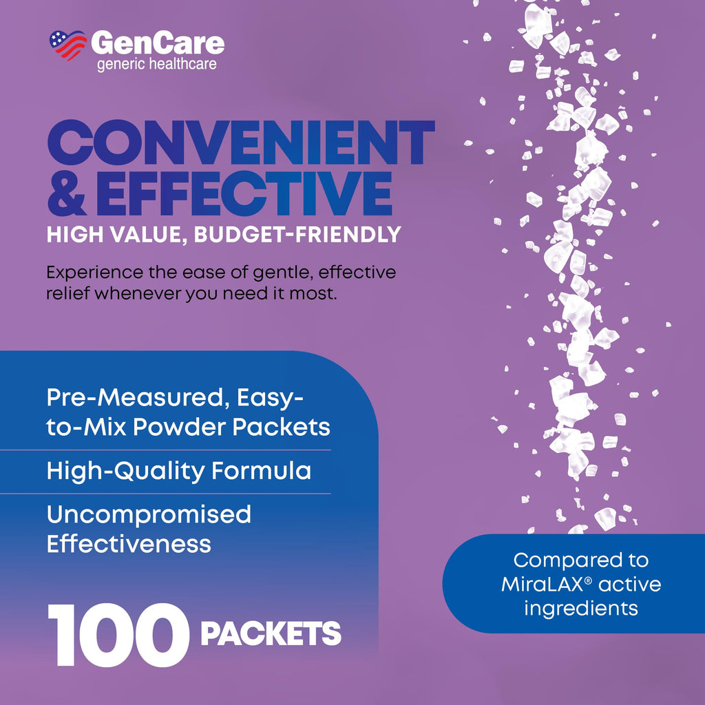 GenCare Polylethylene Glycol 3350 Powder for Solution - 100 Travel Packets - Unflavored Grit-Free Clear PEG 3350 for Occasional