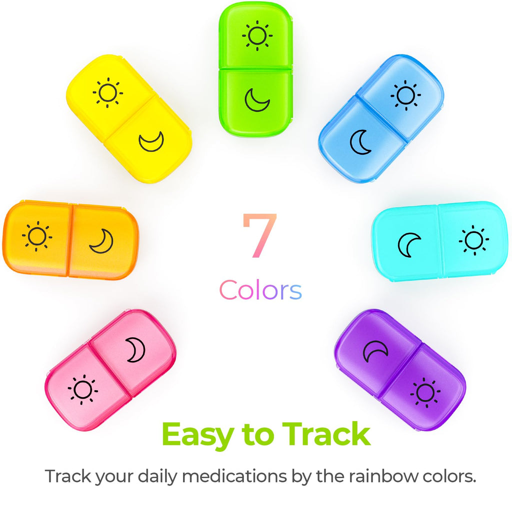 AUVON XL Weekly Pill Organizer 2 Times a Day with Large Opening for Easy Filling, AM PM Pill Box 7 Day in Rainbow Colors, Portab