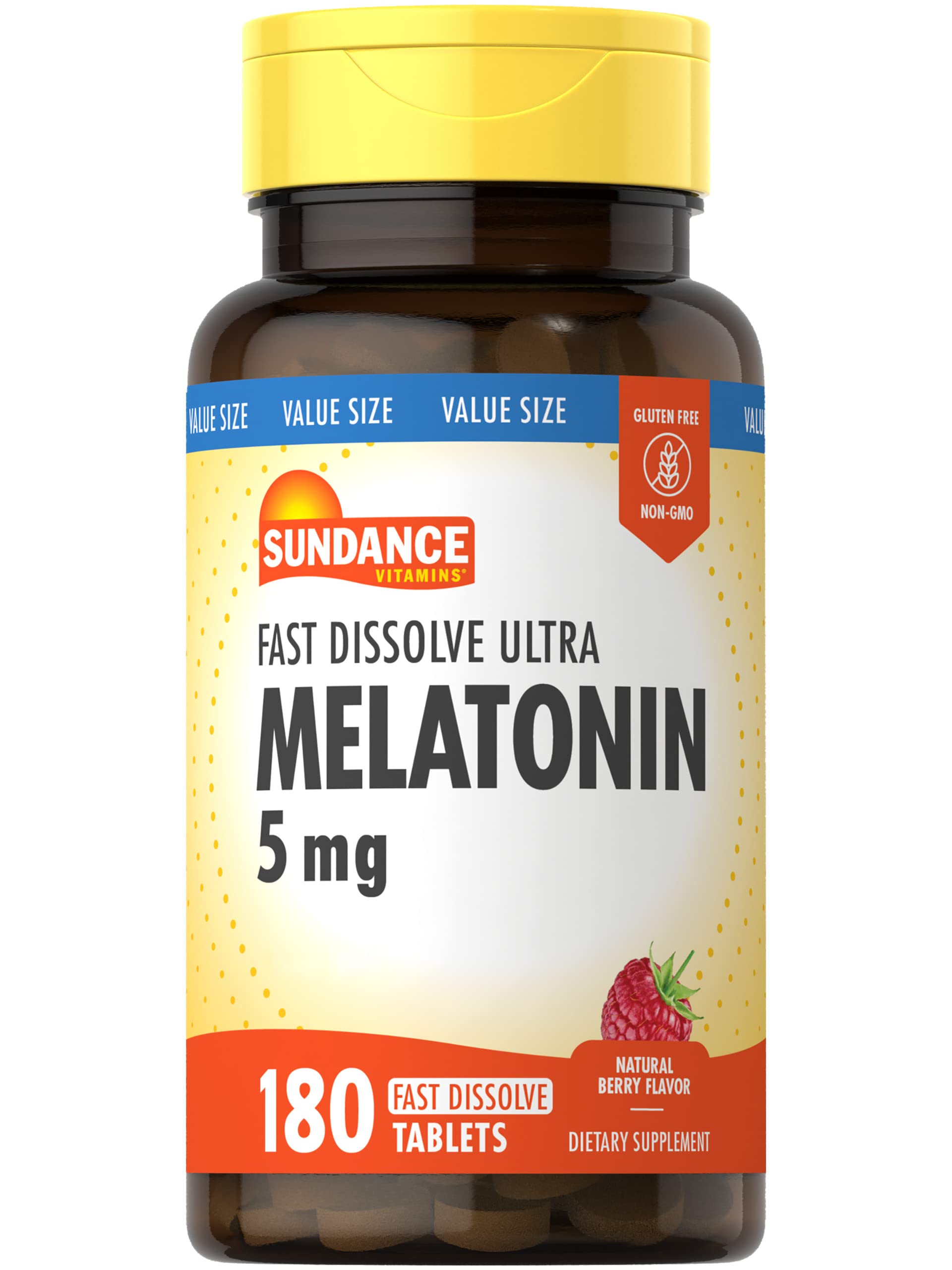 Melatonin 5mg Fast Dissolve | 180 Vegetarian Tablets | Natural Berry Flavor | Vegetarian, Non-GMO and Gluten Free Supplement | b