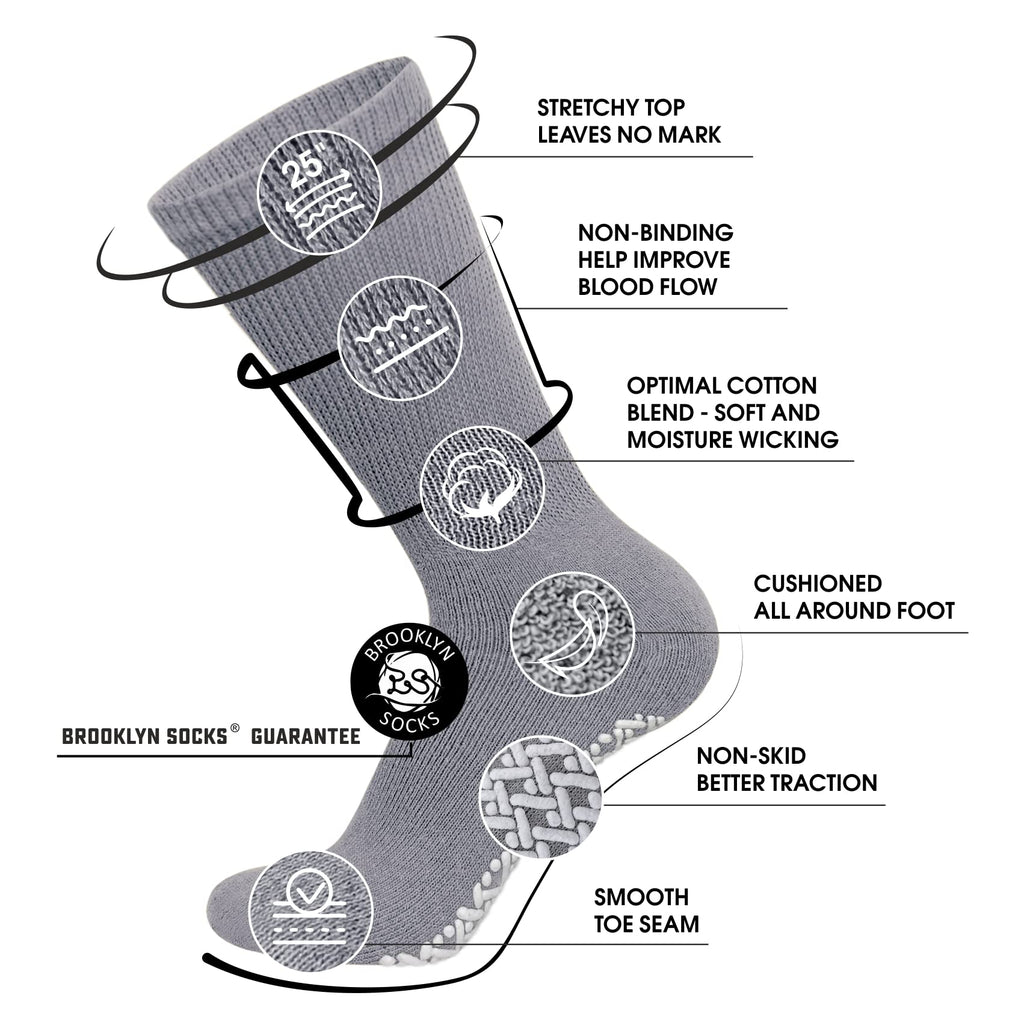 6 Pairs of Non-Skid Diabetic Crew Socks, Non Binding Top Therapeutic Cotton Gripper Socks (Grey, Size: 13-16)