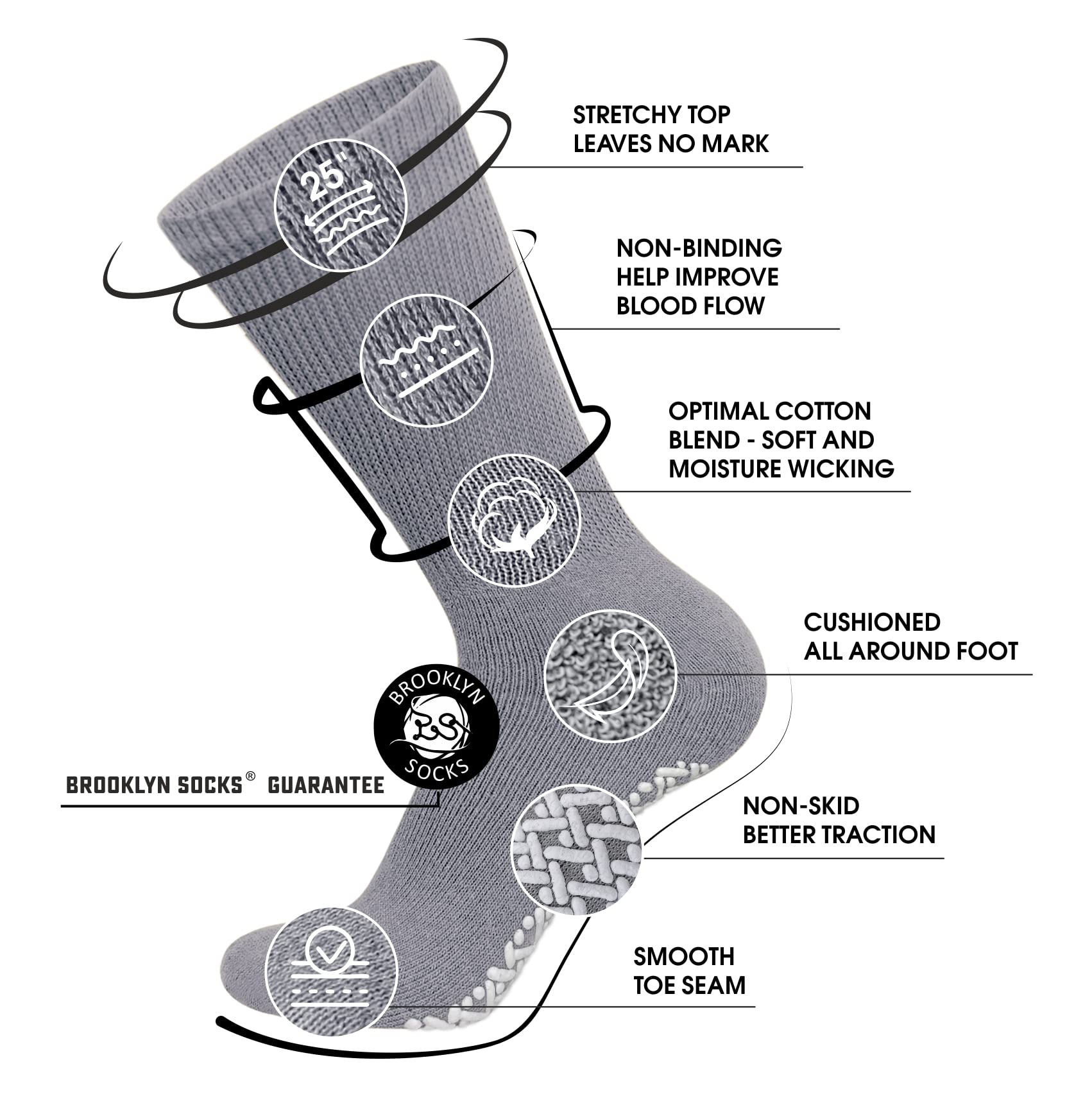 6 Pairs of Non-Skid Diabetic Crew Socks, Non Binding Top Therapeutic Cotton Gripper Socks (Grey, Size: 13-16)