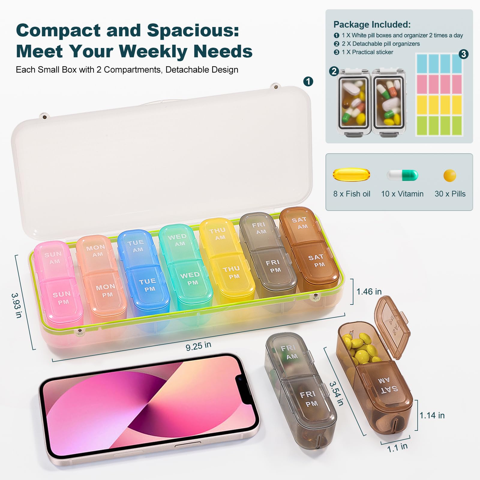 LOBIUTIYA Weekly Pill Organizer 2 Times a Day + 2 Detachable AM PM Travel Kits for Vitamin, Medicine, Supplement, Fish Oil - Whi