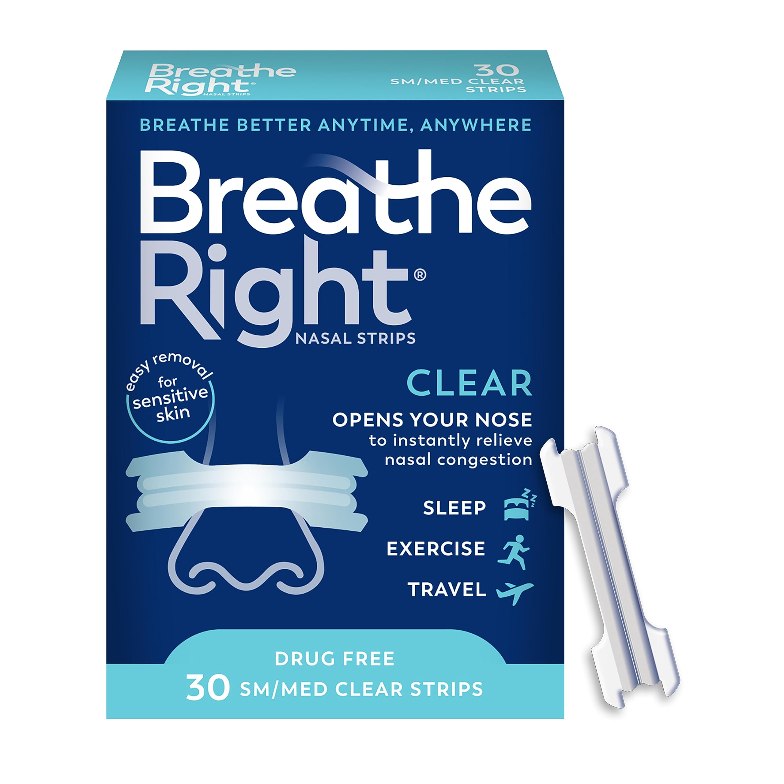 Breathe Right Original Nasal Strips | Clear | Sm/Med | For Sensitive Skin| Drug-Free Snoring Solution & Nasal Congestion Relief 