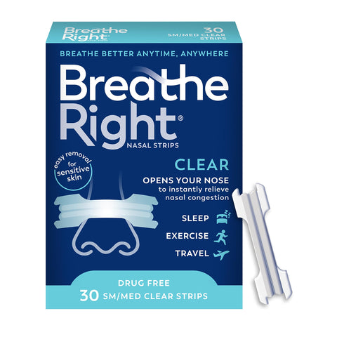 Breathe Right Original Nasal Strips | Clear | Sm/Med | For Sensitive Skin| Drug-Free Snoring Solution & Nasal Congestion Relief 