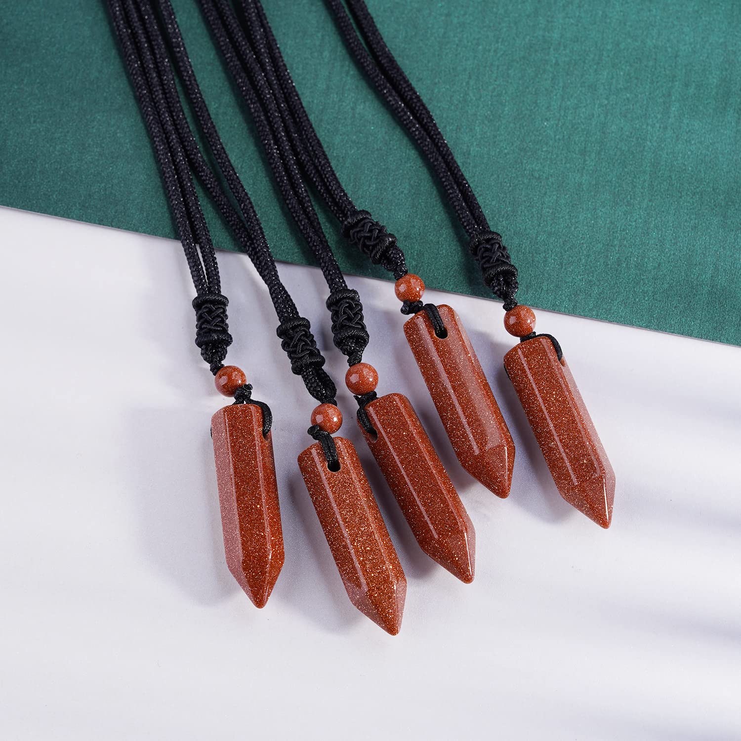 TIKCAUZ Hexagonal Crystal Necklace Red Sandstone Point Pendant with Adjustable Rope Handmade Reiki Healing Stone Necklaces Jewel