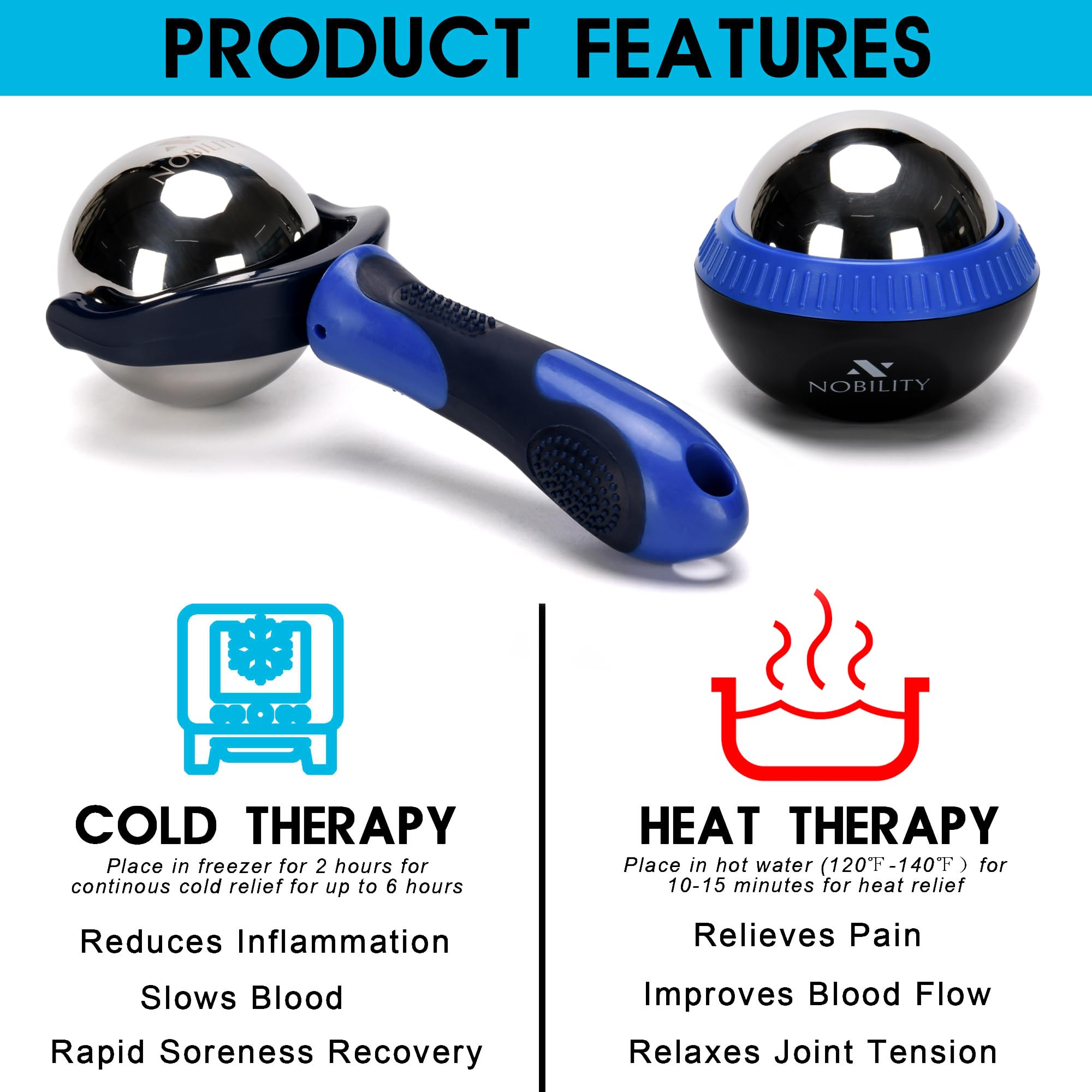 Nobility Massage Ball Roller- Ice Cold and Hot for Deep Tissue and Sore Muscle Relief of Stiffness and Stress, Body, Neck, Back,