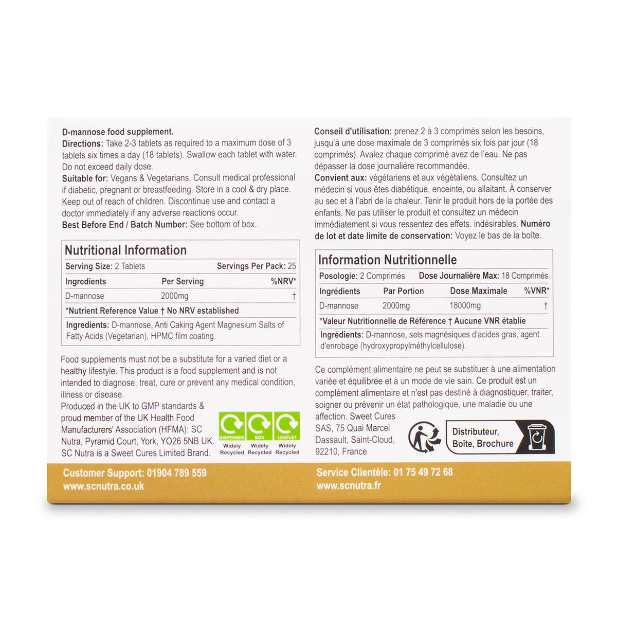 D-Mannose Tablets 1000mg - Waterfall D-Mannose sourced Naturally from Birch - 50 Tablets - SC Nutra (Sweet Cures)