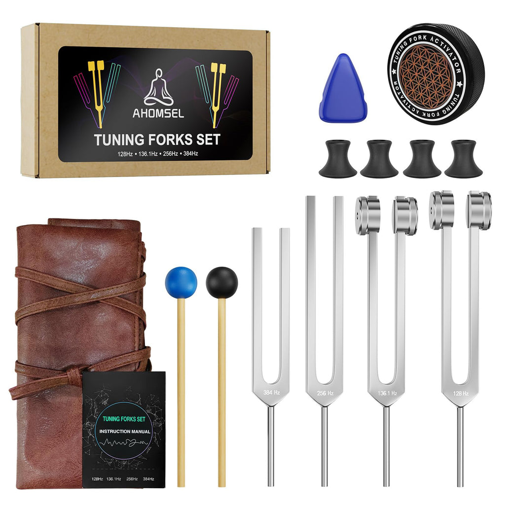 Tuning Forks for Healing Set - 128Hz, 136.1Hz, 256Hz, 384Hz, Weighted & Unweighted, Tuning Fork with Hockey Puck Activator & fee