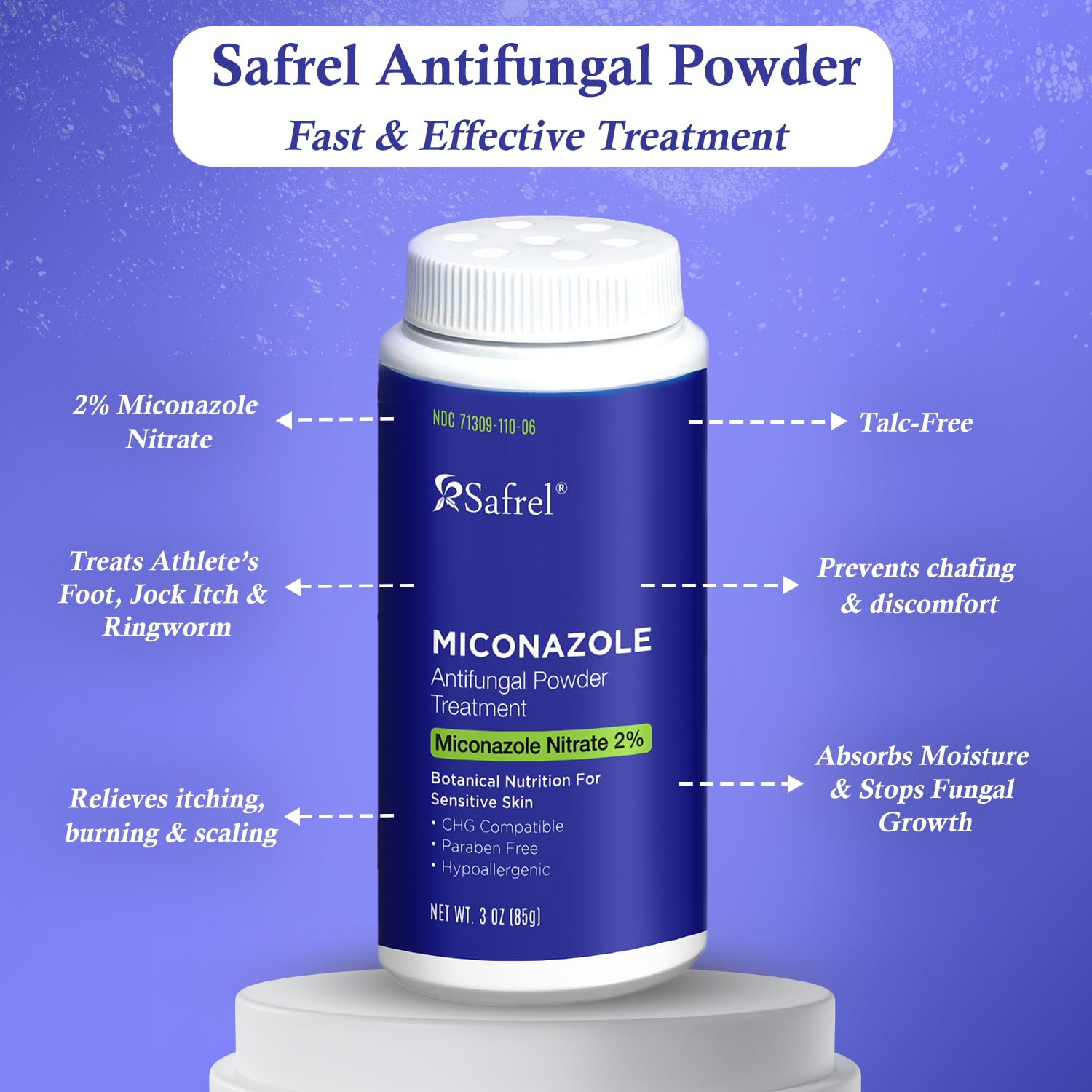 Safrel Antifungal Powder Treatment with 2% Miconazole Nitrate for Common Fungal Infections incuding Athletes Foot, Talc Free, 3