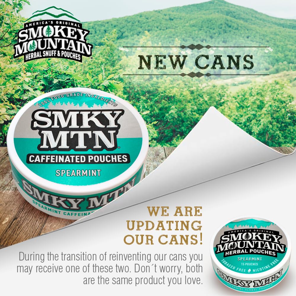 Smokey Mountain Caffeinated Pouches - Spearmint - Tobacco Free and Nicotine Free - 5 Can Box - 15 Pouches Per Can