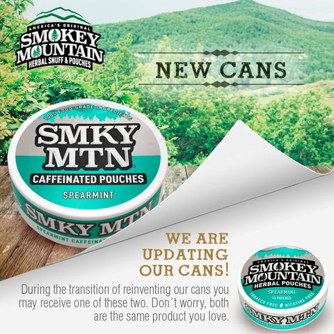 Smokey Mountain Caffeinated Pouches - Spearmint - Tobacco Free and Nicotine Free - 5 Can Box - 15 Pouches Per Can