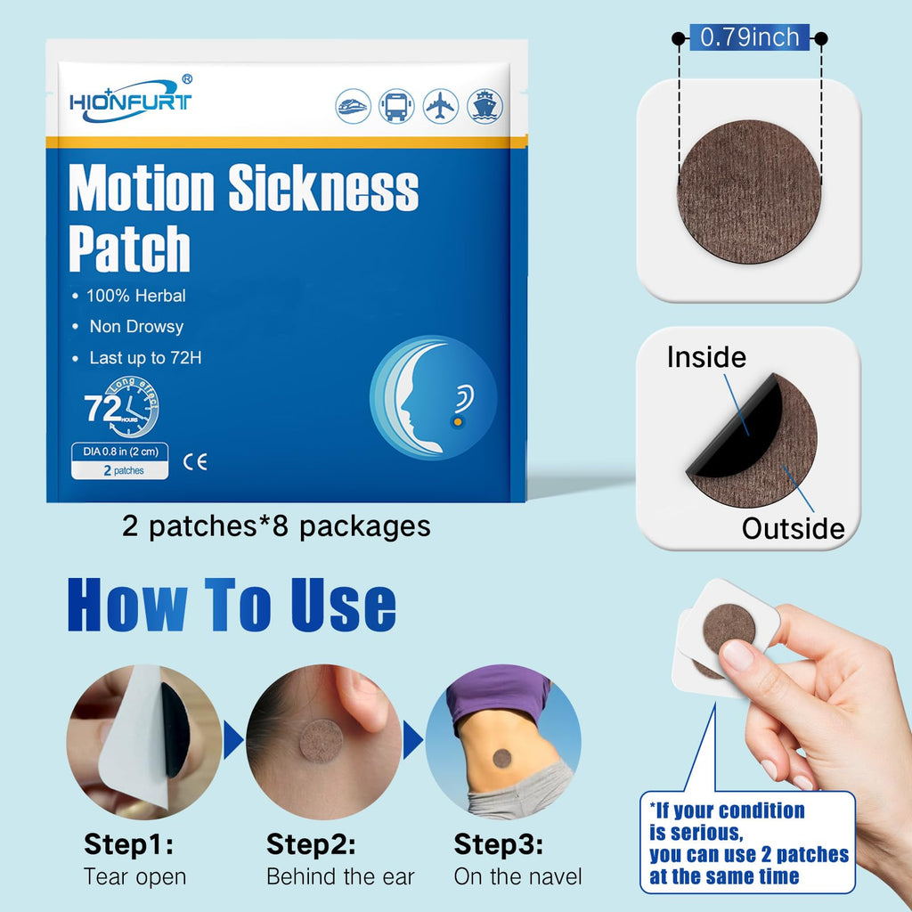 Hionfurt 64ct Motion Sickness Patches - Sea Sickness Patches for Cruise, Car, Airplane, and Other Travel - Non-Drowsy, Effective