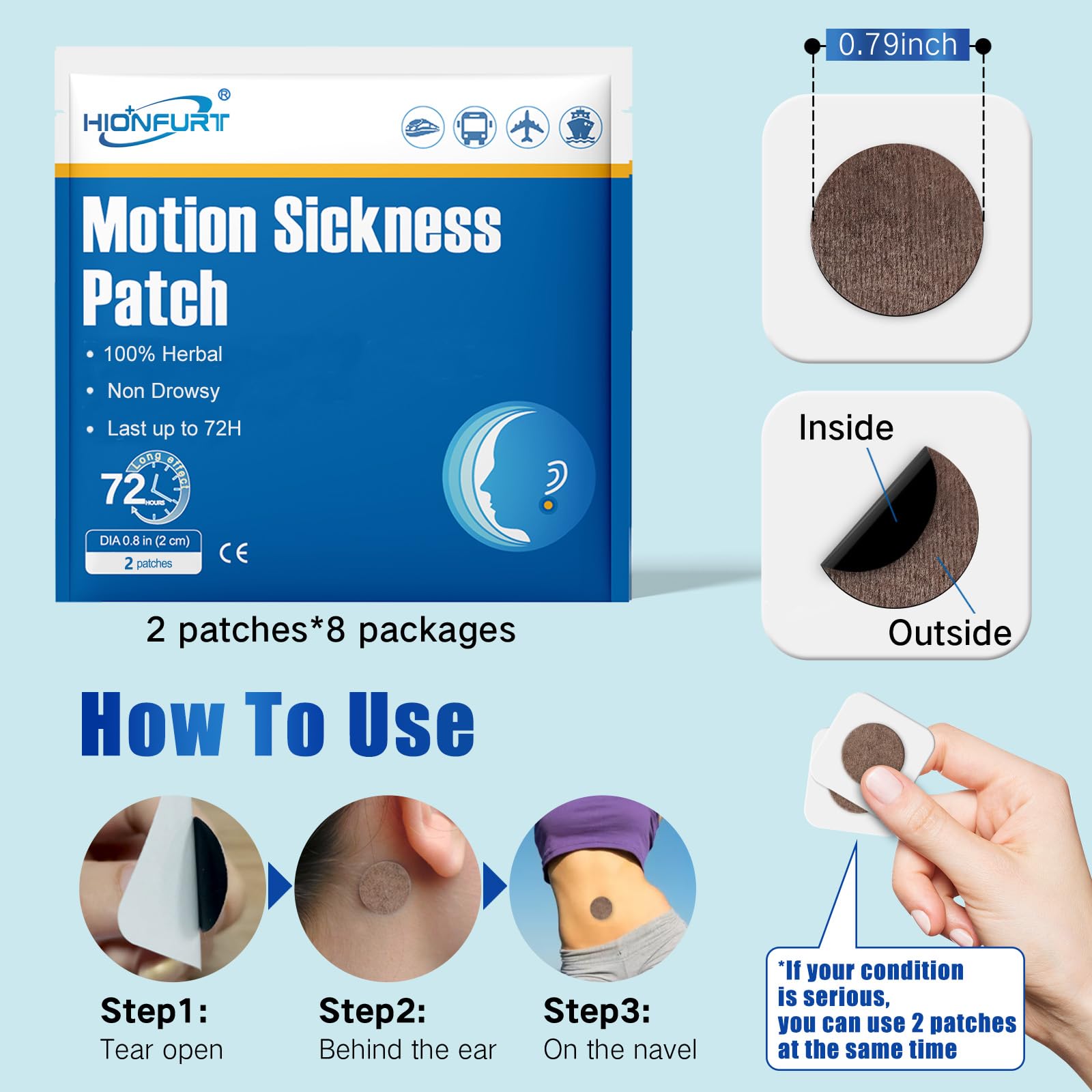 Hionfurt 80ct Motion Sickness Patches - Sea Sickness Patches for Cruise, Car, Airplane, and Other Travel - Non-Drowsy, Effective