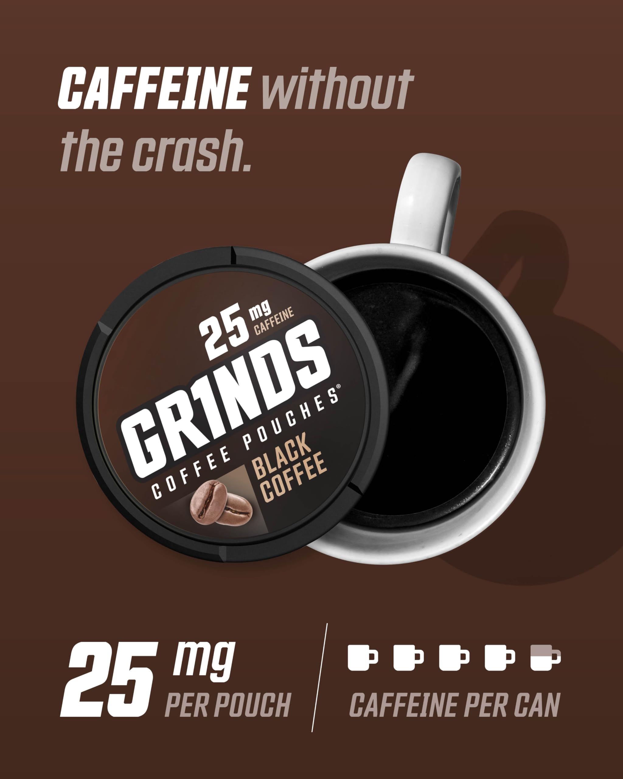 Grinds Coffee Pouches |Tobacco Free, Nicotine Free Healthy Alternative | 6 Cans of Black Coffee | 18 Pouches Per Can | 1 Pouch e