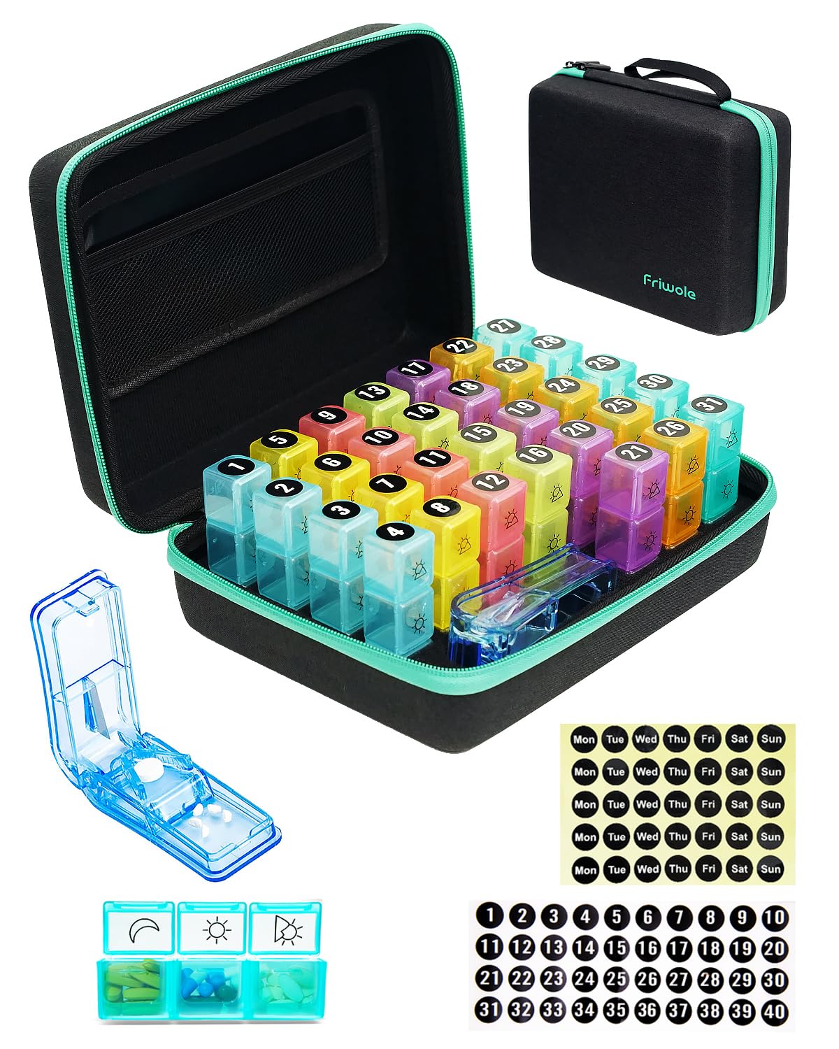 Monthly pill organizer 3 times a days , FRIWOLE medicine organizer box with Portable Hard Shell and pill cutter , 31 day pill bo