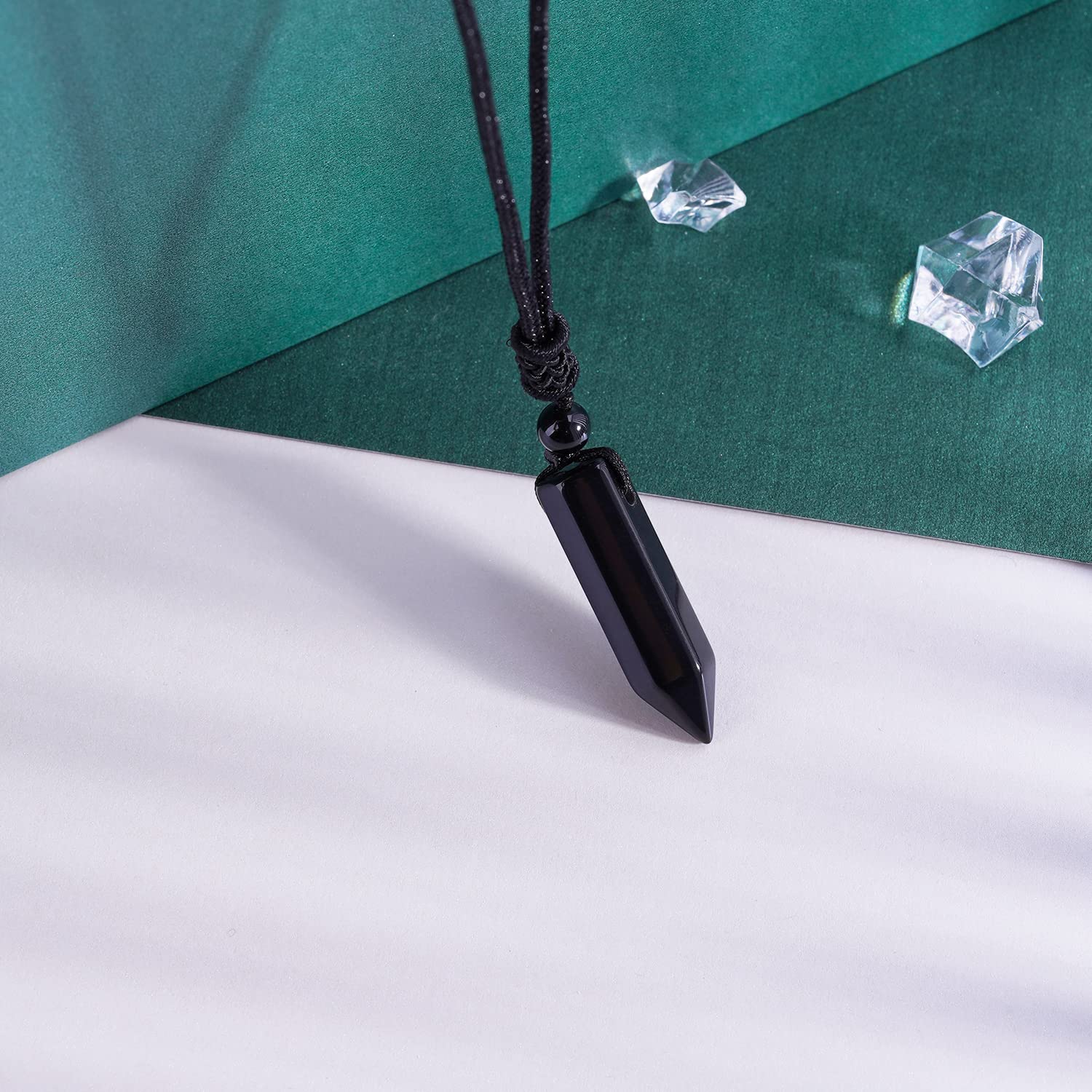 TIKCAUZ Hexagonal Crystal Points Pendant Necklace Black Obsidian Healing Stone Necklace Adjustable Rope Reiki Gemstone Necklace