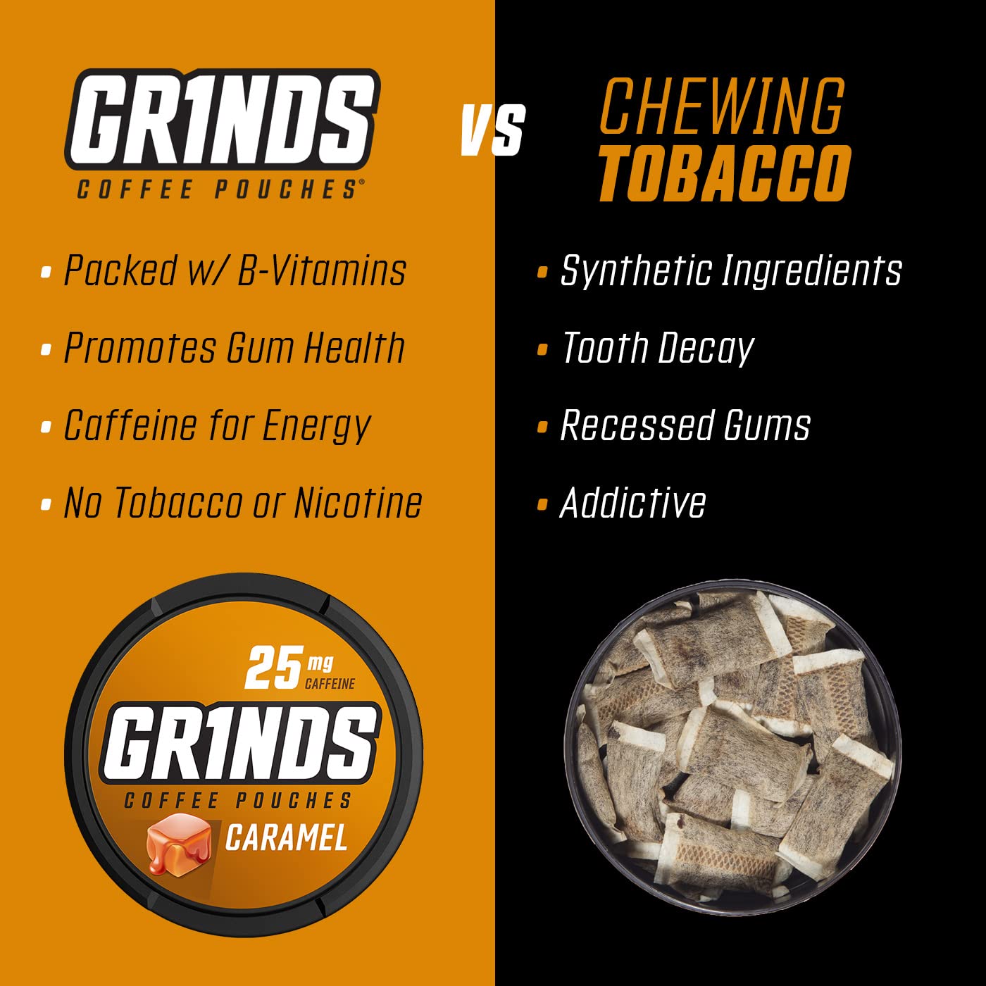 Grinds Coffee Pouches | Tobacco Free, Nicotine Free Healthy Alternative | 6 Cans of Caramel | 18 Pouches Per Can | 1 Pouch eq. 1