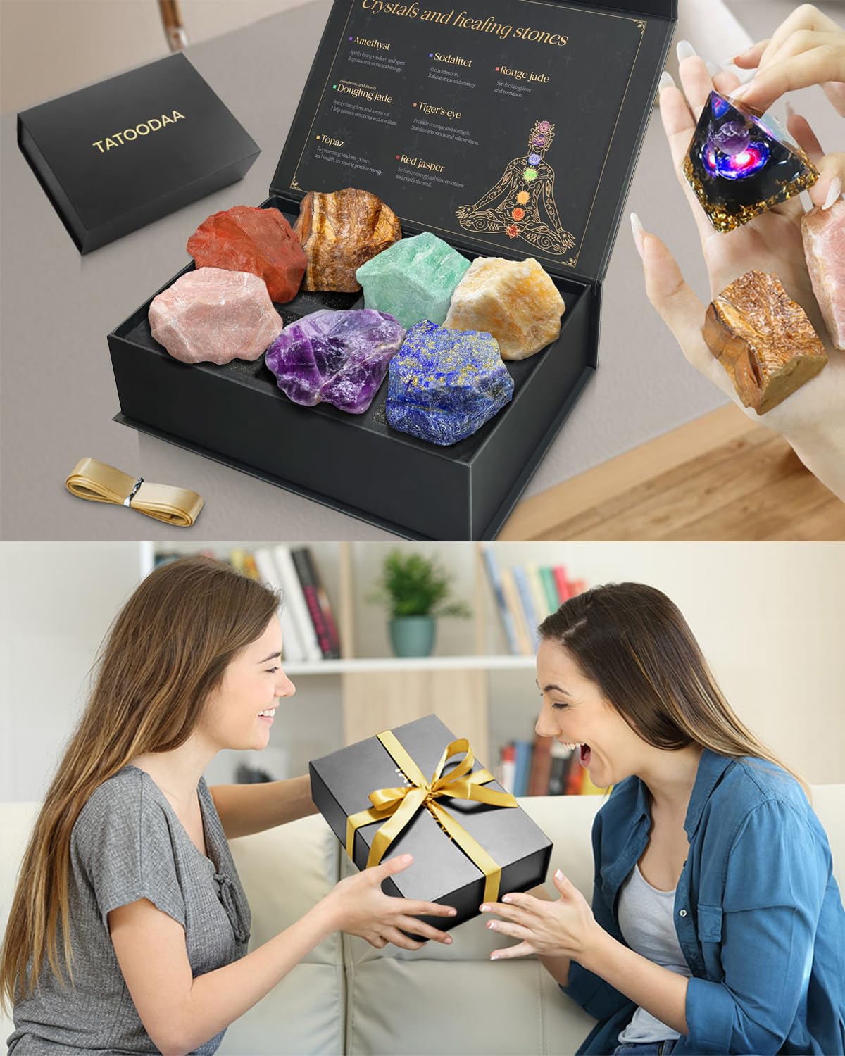 Crystals and Healing Stones Set with Orgonite Pyramid - (2-2.5 inch) Large 7 Chakras Stones, Positive Energy Healing Stones for