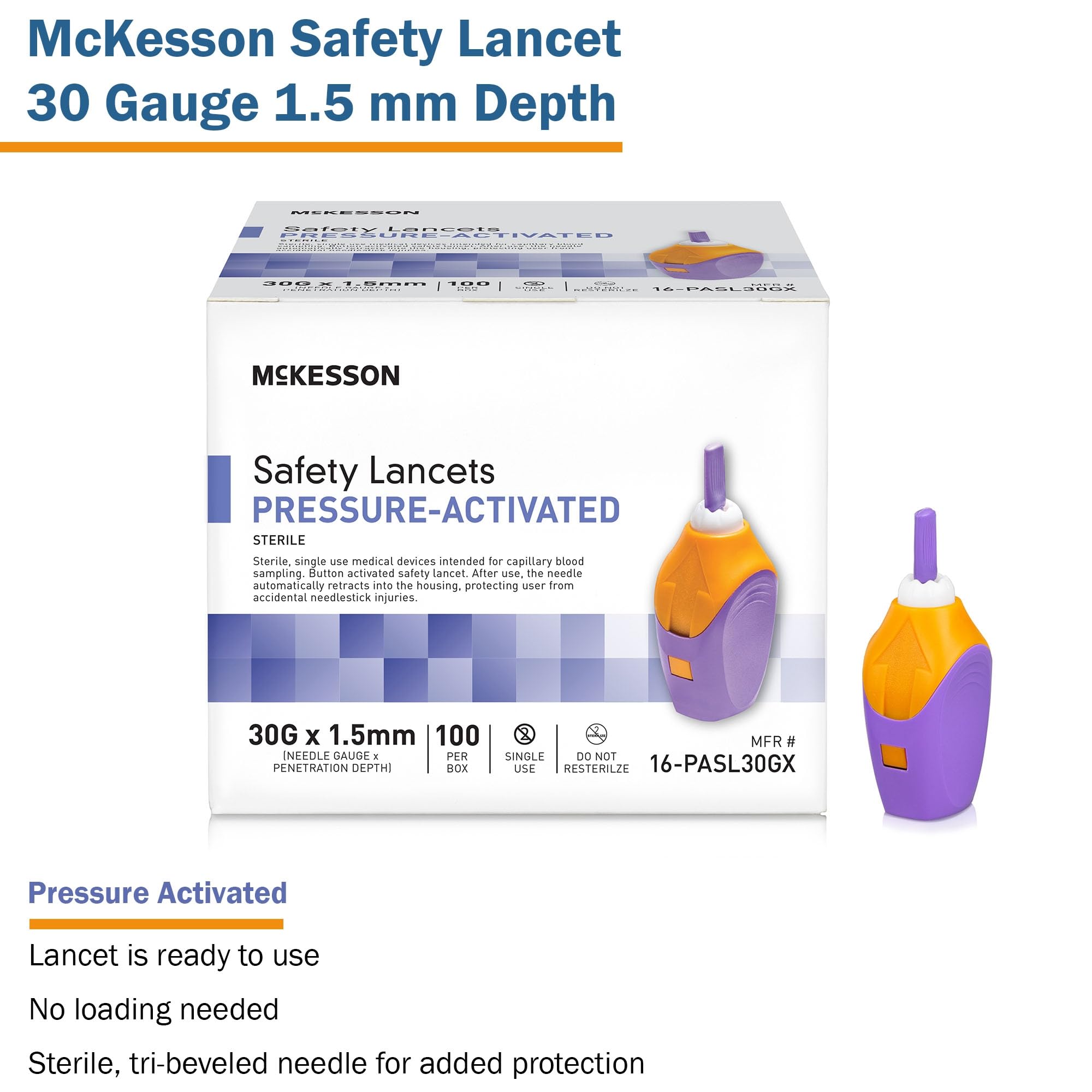 McKesson Safety Lancet, Retractable, Pressure-Activated Finger Device, Sterile - Ideal for Blood Testing - Single Use, 30 Gauge,