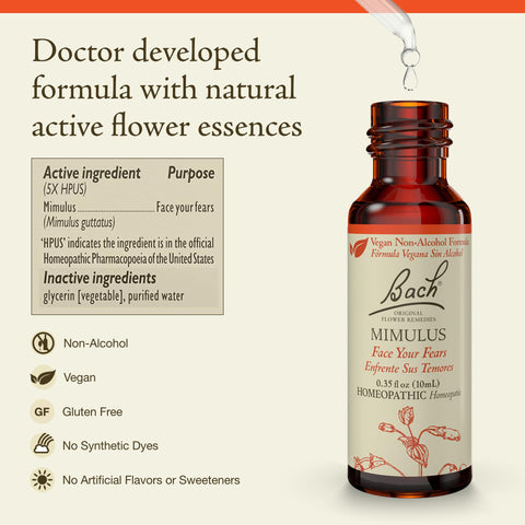 Bach Original Flower Remedies, Mimulus (Non-Alcohol Formula) - Face Your Fears - Natural Homeopathic Flower Essence for Emotiona
