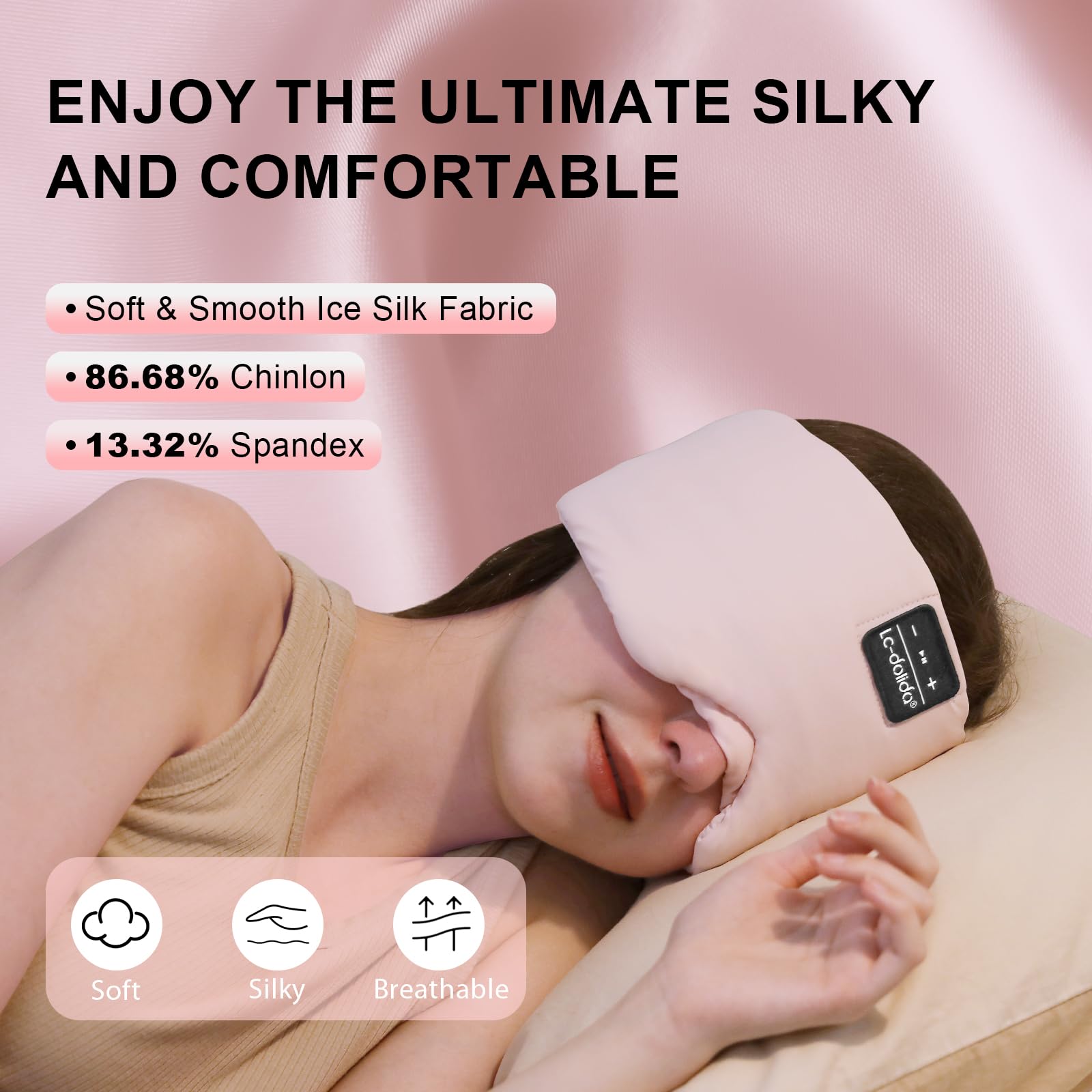 LC-dolida Sleep Mask with Bluetooth Headphones, Ice Silk Sleep Mask with Bluetooth 5.4, Total Blackout Eye Mask for Sleeping, So