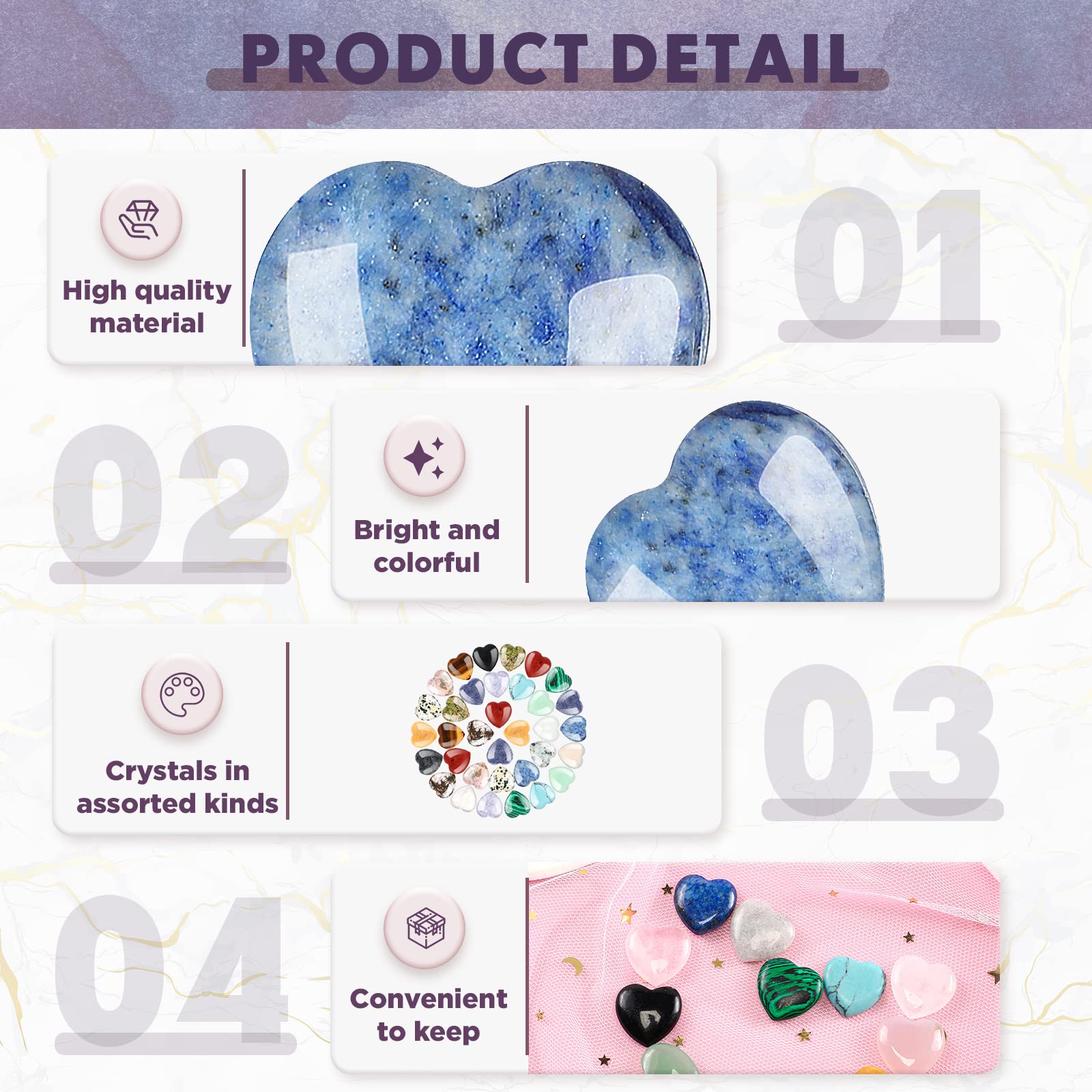 Nuenen 72 Pcs Natural Heart Shaped Crystal Stone 0.8'' Worry Stone Bulk Heart Palm Pocket Healing Carved Love Mini Gemstone Deco