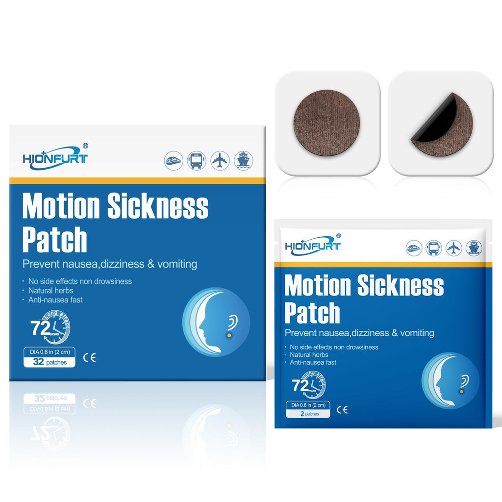 Hionfurt 32ct Motion Sickness Patches - Sea Sickness Patches for Cruise, Car, Airplane, and Other Travel - Non-Drowsy, Effective