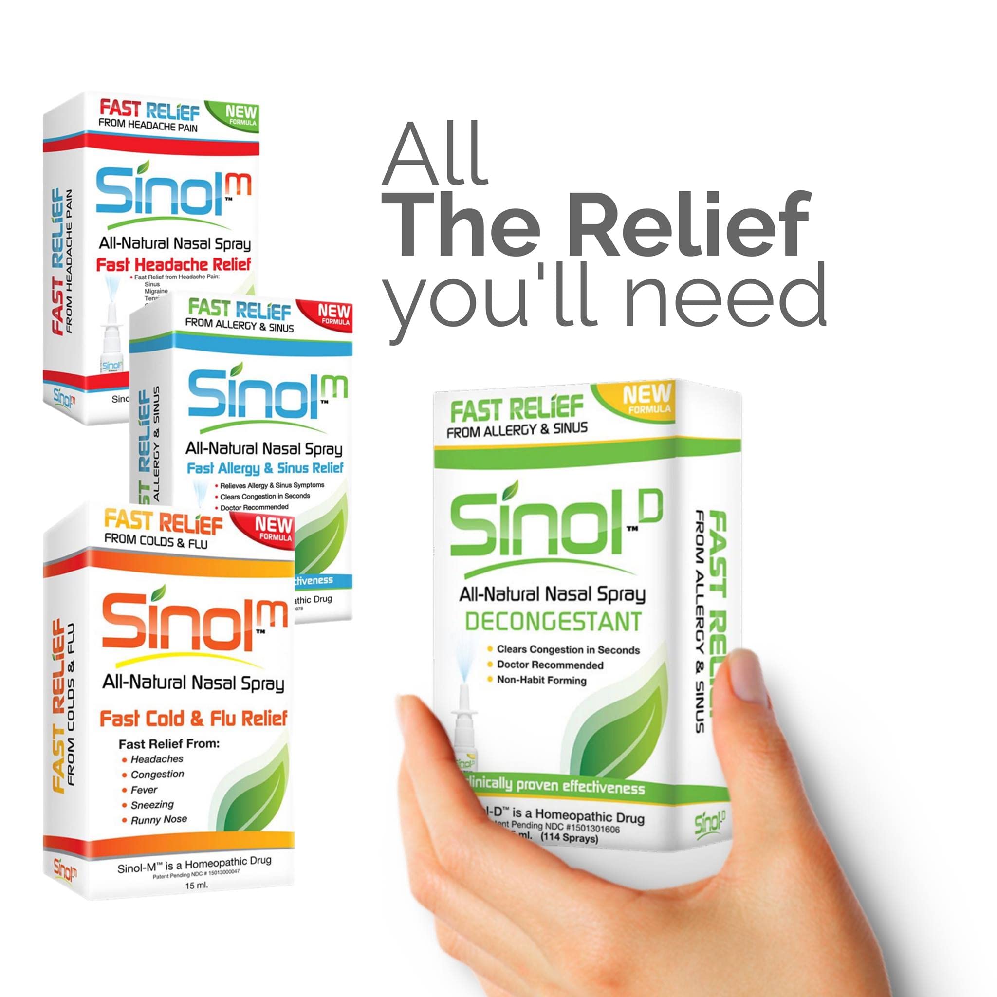 SinolM, All-Natural Nasal Relief Spray for Fast Allergy & Sinus Relief, 15 ml (Pack of 3)