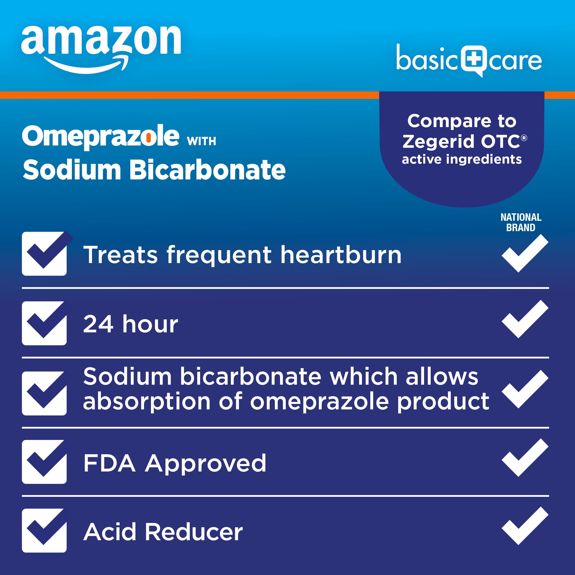 Amazon Basic Care Omeprazole and Sodium Bicarbonate Capsules, 20 mg/1100 mg, 24-Hour Frequent Heartburn Medicine, Acid Reducer P
