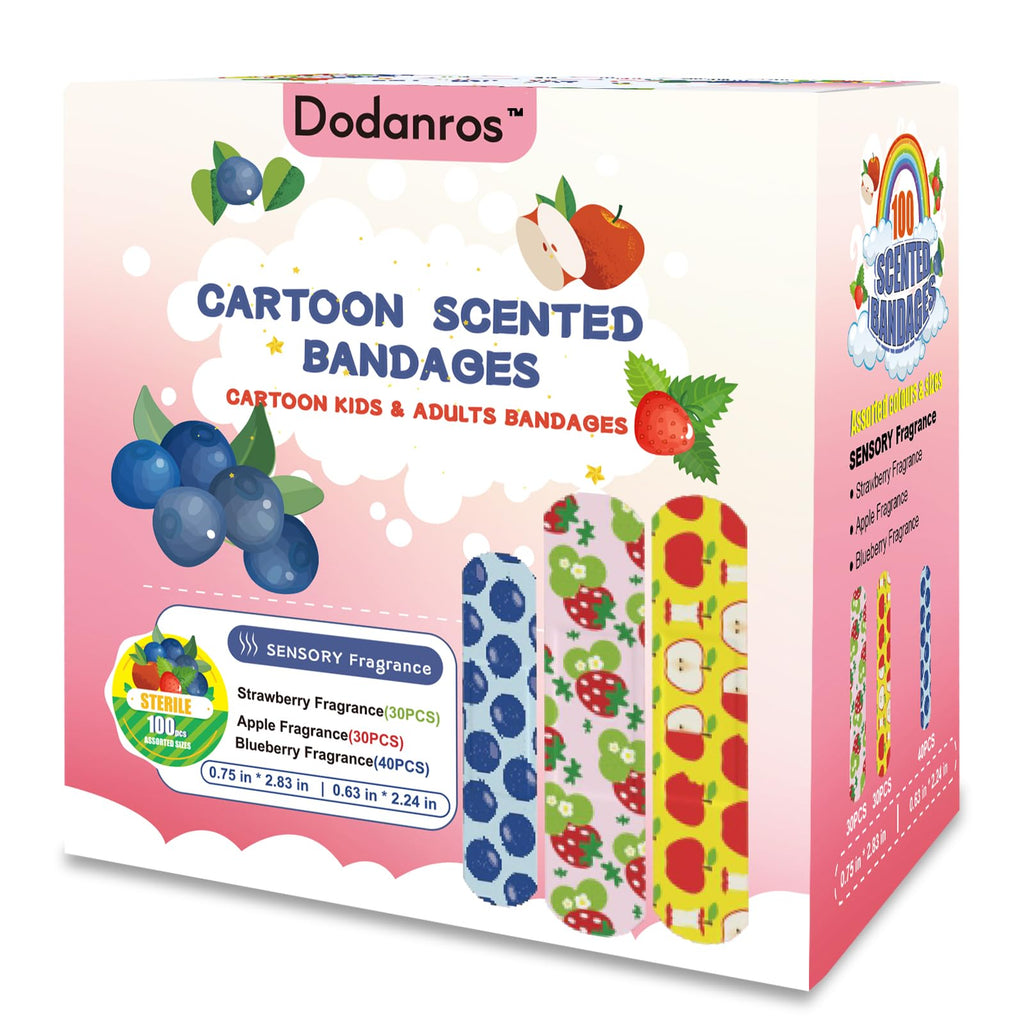 Dodanros 100 Count Cartoon Fruit Fragrance Fun Bandages, Includes Apple,Strawberry,and Blueberry Fruit Fragrance,Assorted Sizes