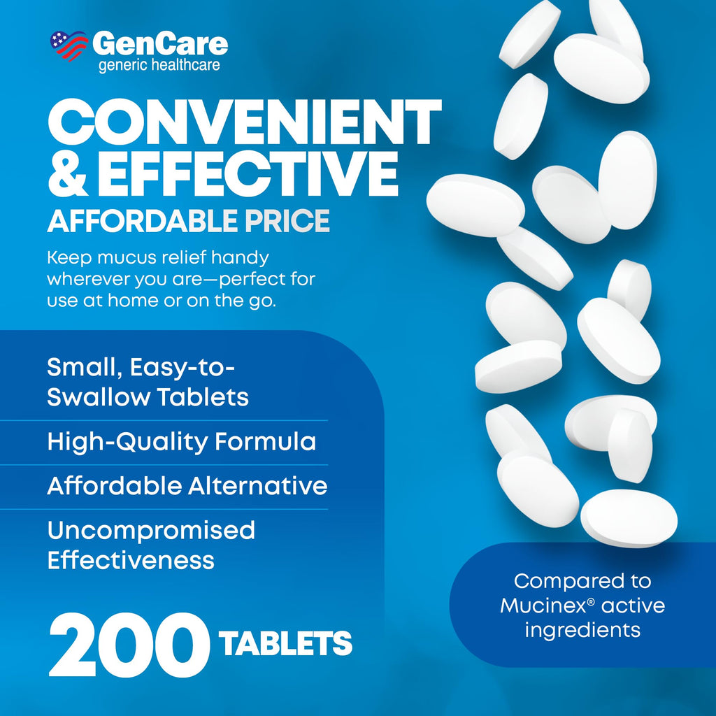 GenCare Mucus Relief Expectorant Guaifenesin 400 mg 200 Tablets Value Pack - Fast Acting Thinning of Mucus for Colds, Chest Cong