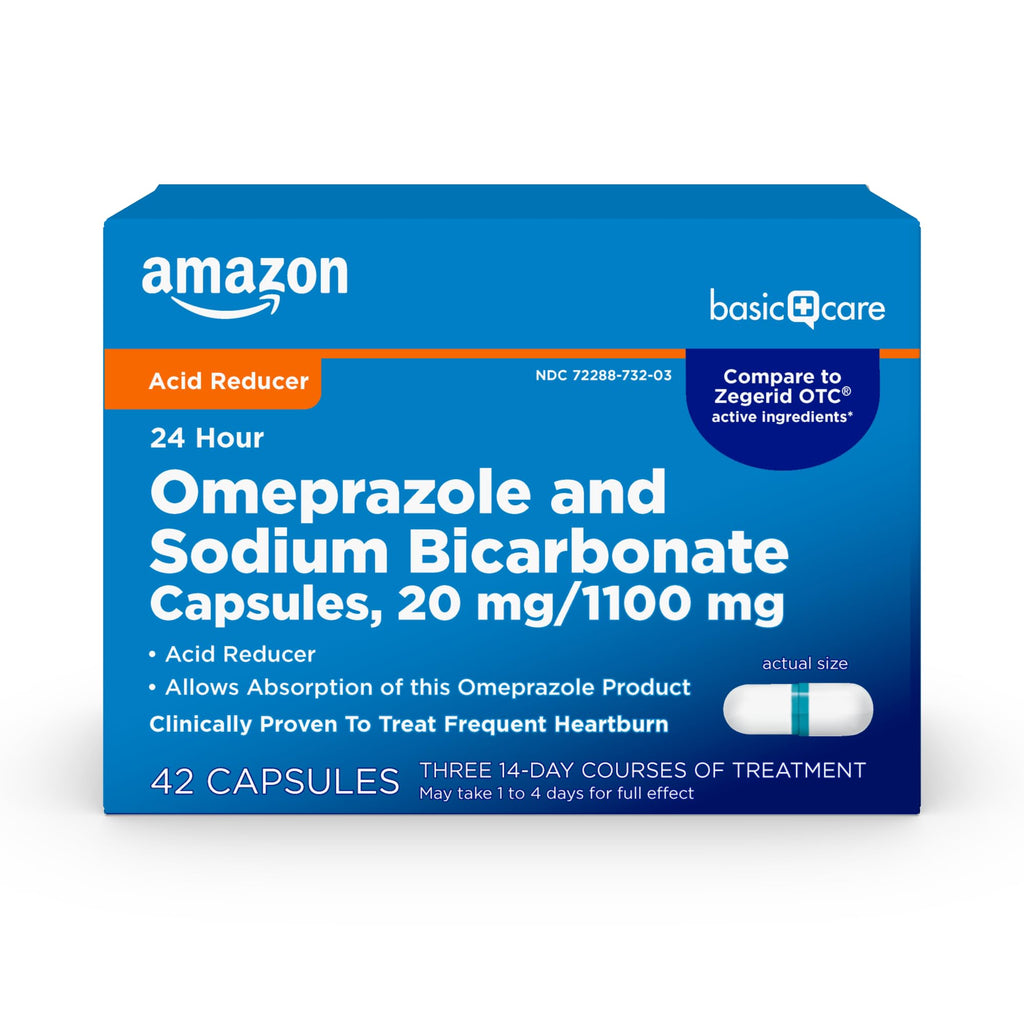 Amazon Basic Care Omeprazole and Sodium Bicarbonate Capsules, 20 mg/1100 mg, 24-Hour Frequent Heartburn Medicine, Acid Reducer P